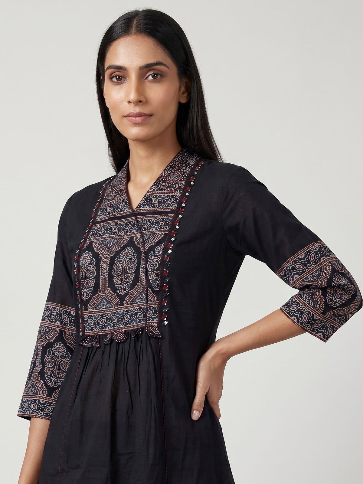 Black cotton blend anarkali kurti set with sparkling traditional accents