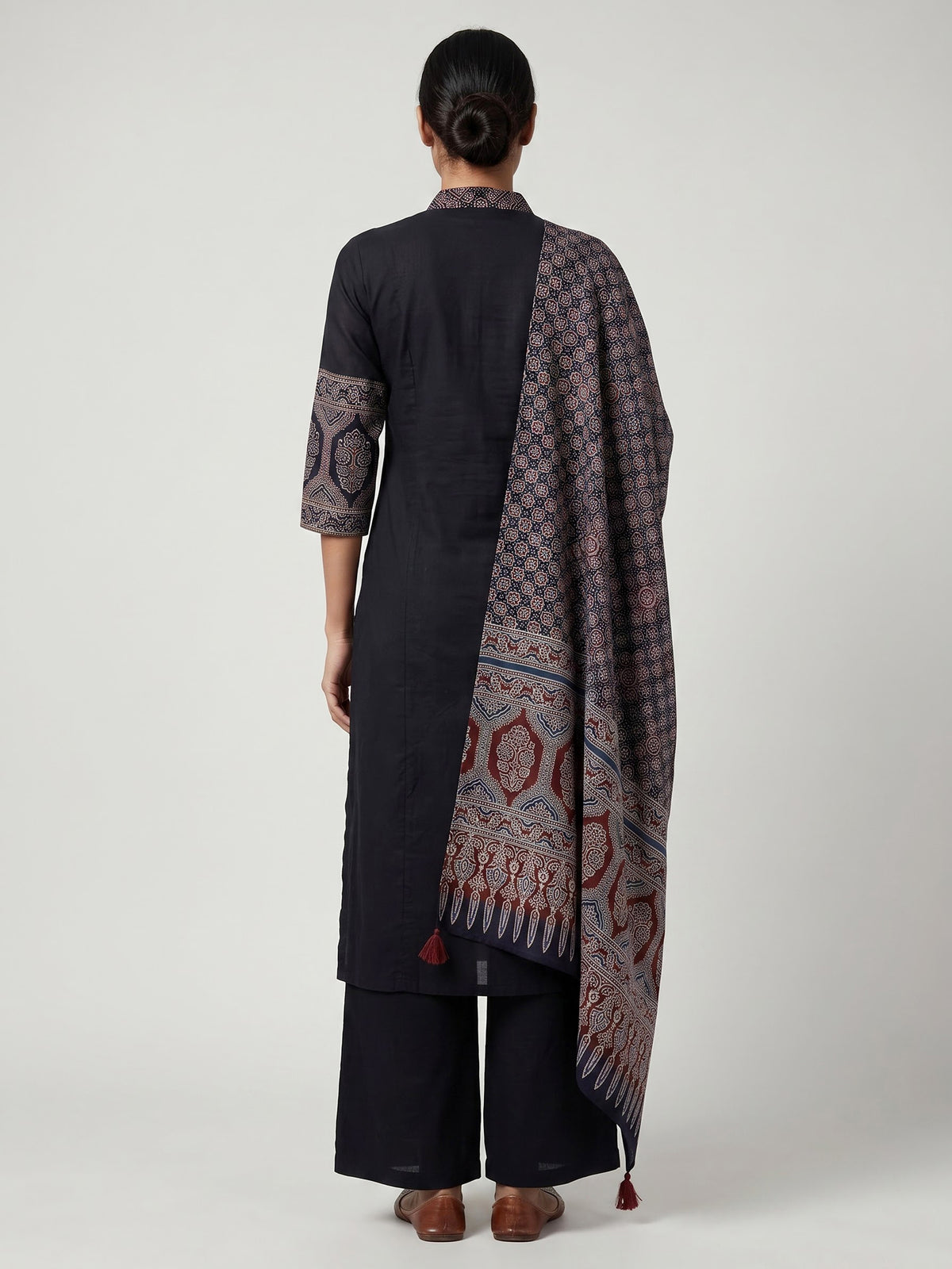 Black cotton blend anarkali kurti set with sparkling traditional accents