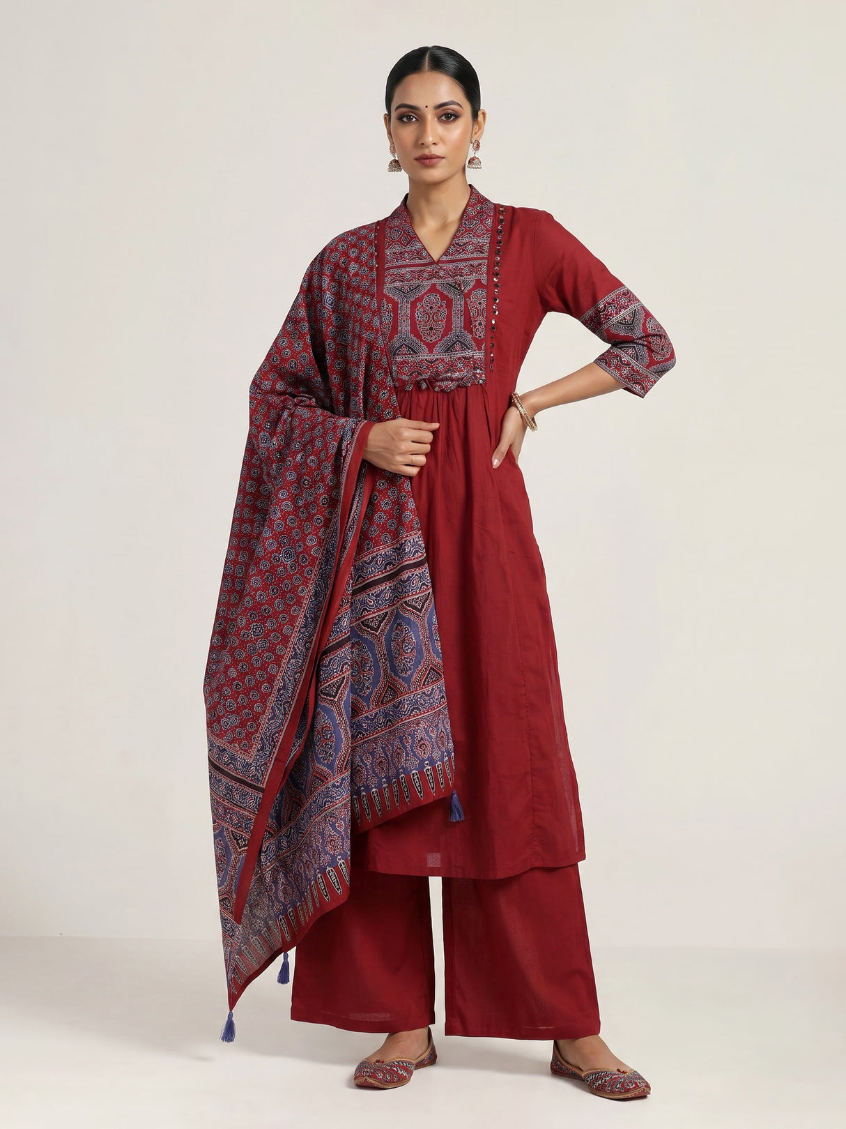 Maroon cotton blend anarkali kurti set with ornate festive detailing