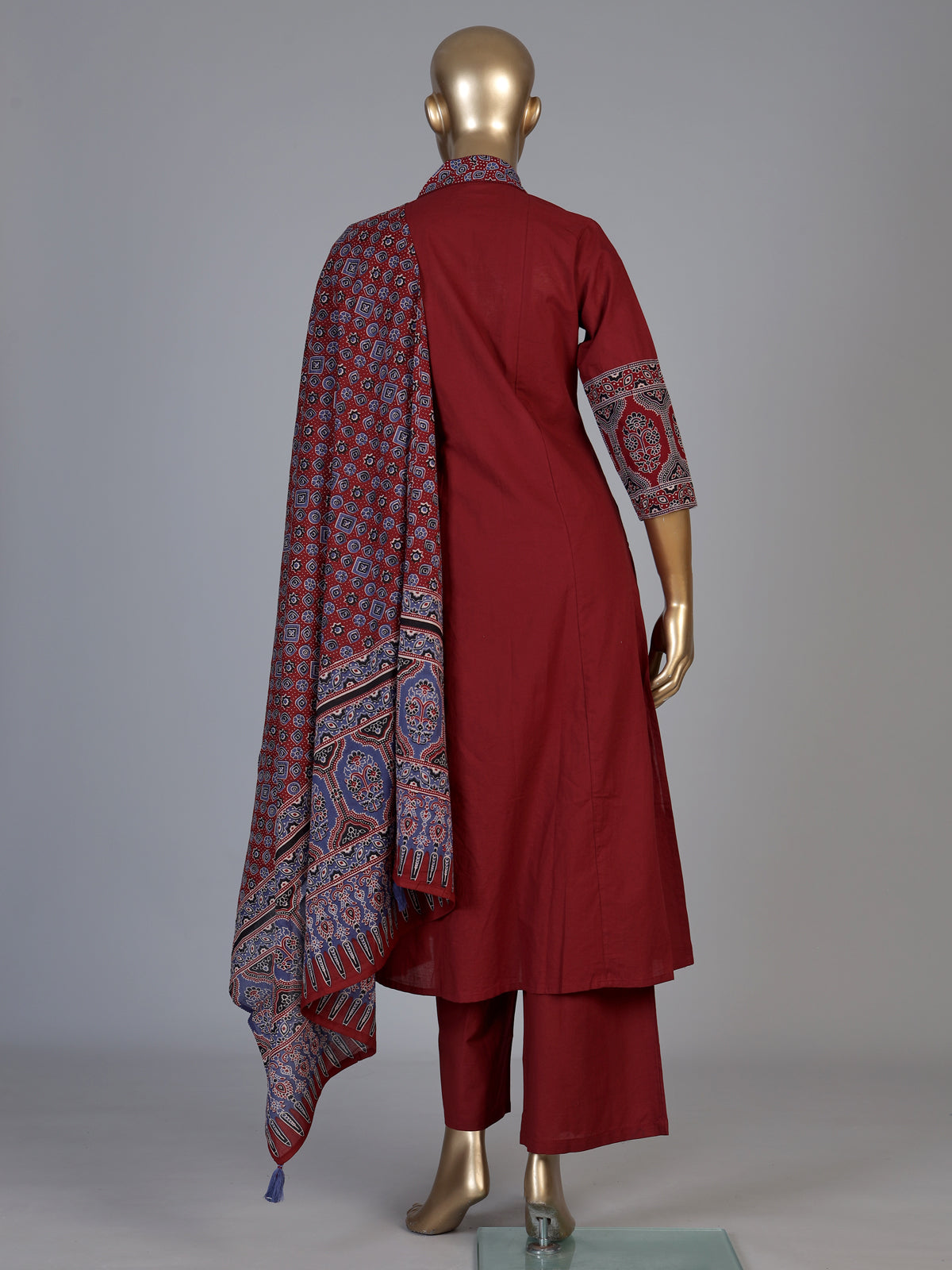 Maroon cotton blend anarkali kurti set with ornate festive detailing