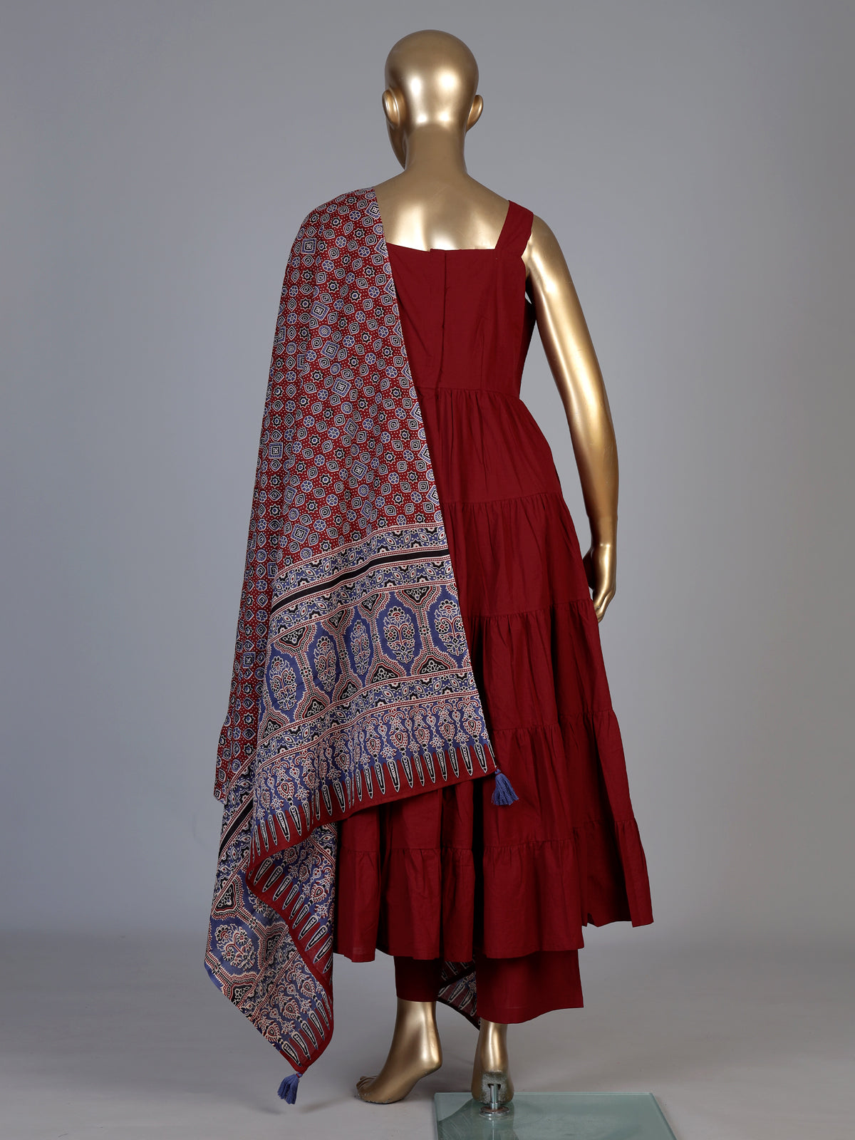 Maroon cotton blend printed anarkali kurti set