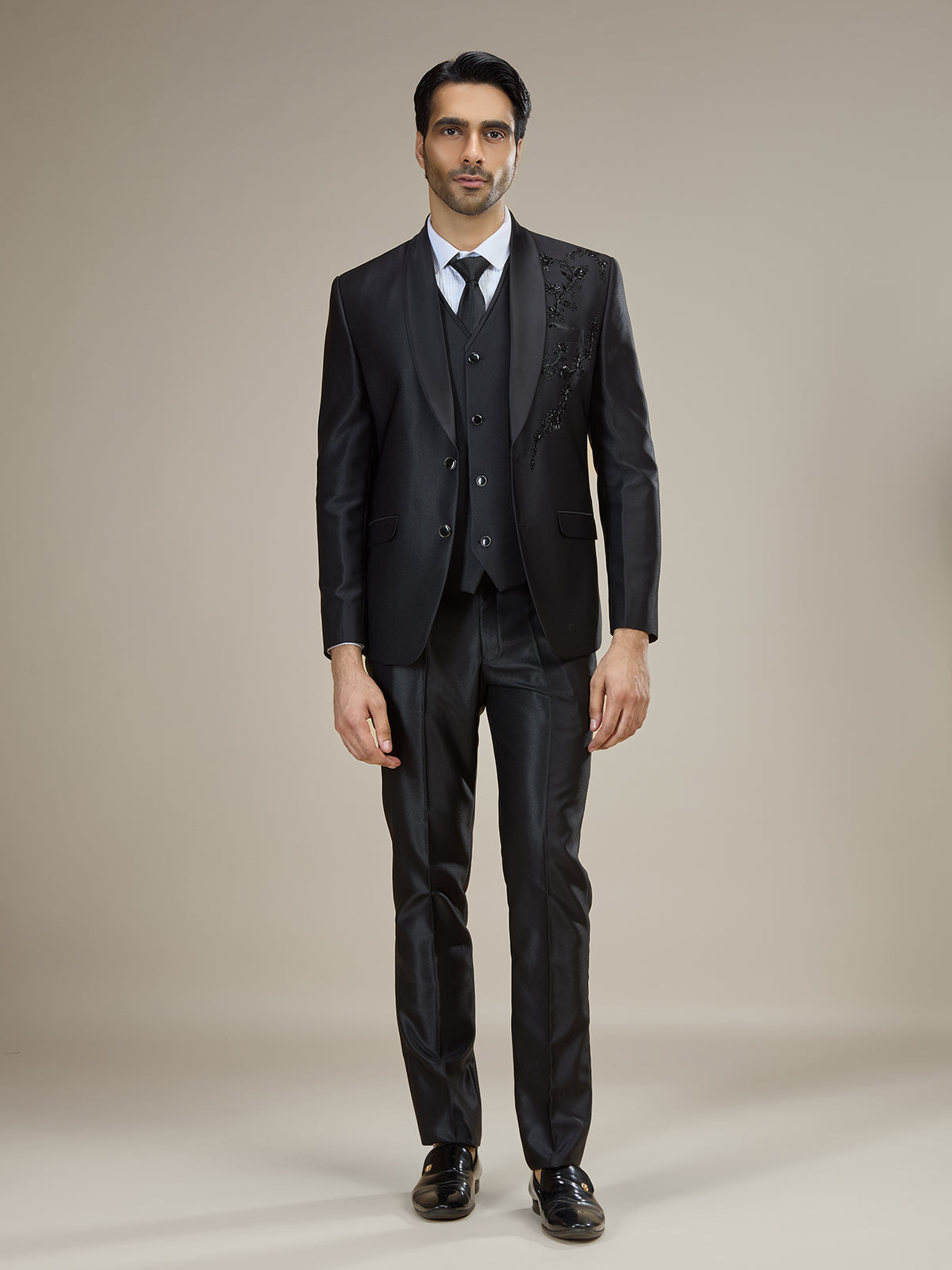 Black embellished shawl lapel coat suit with vest