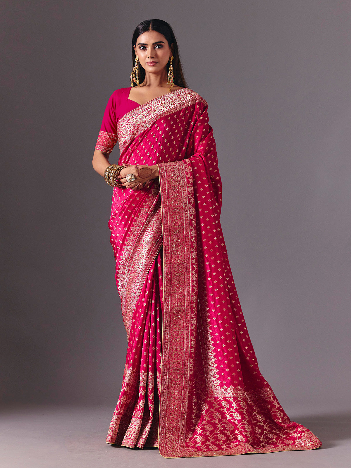 Rani pink dola silk festive wear designer saree drape