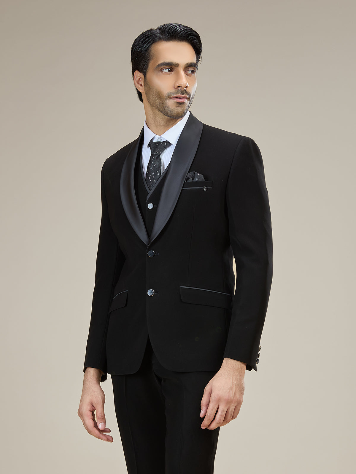 Black satin shawl lapel formal coat suit