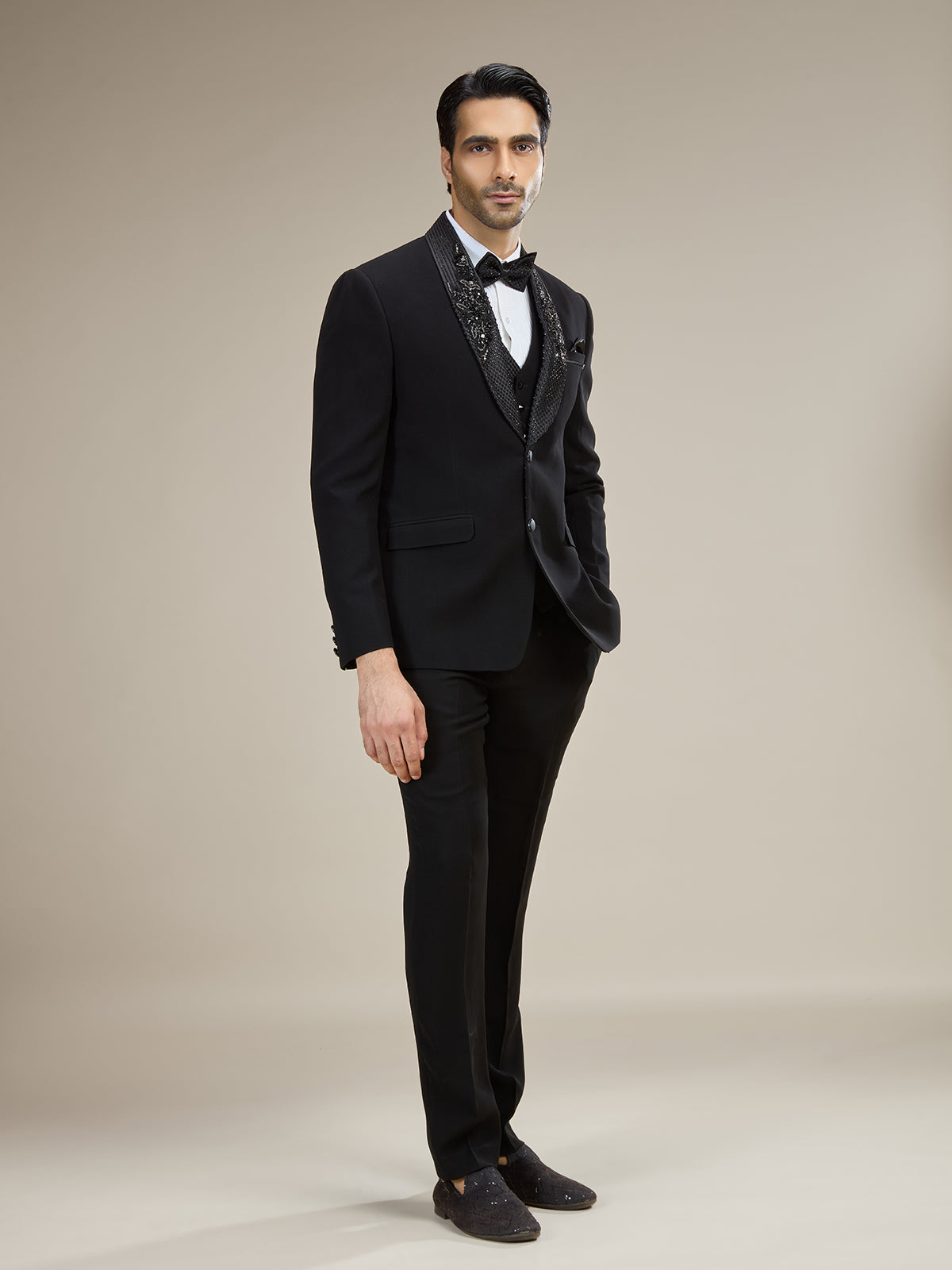 Black sparkle bow tie coat suit with embellished detailing