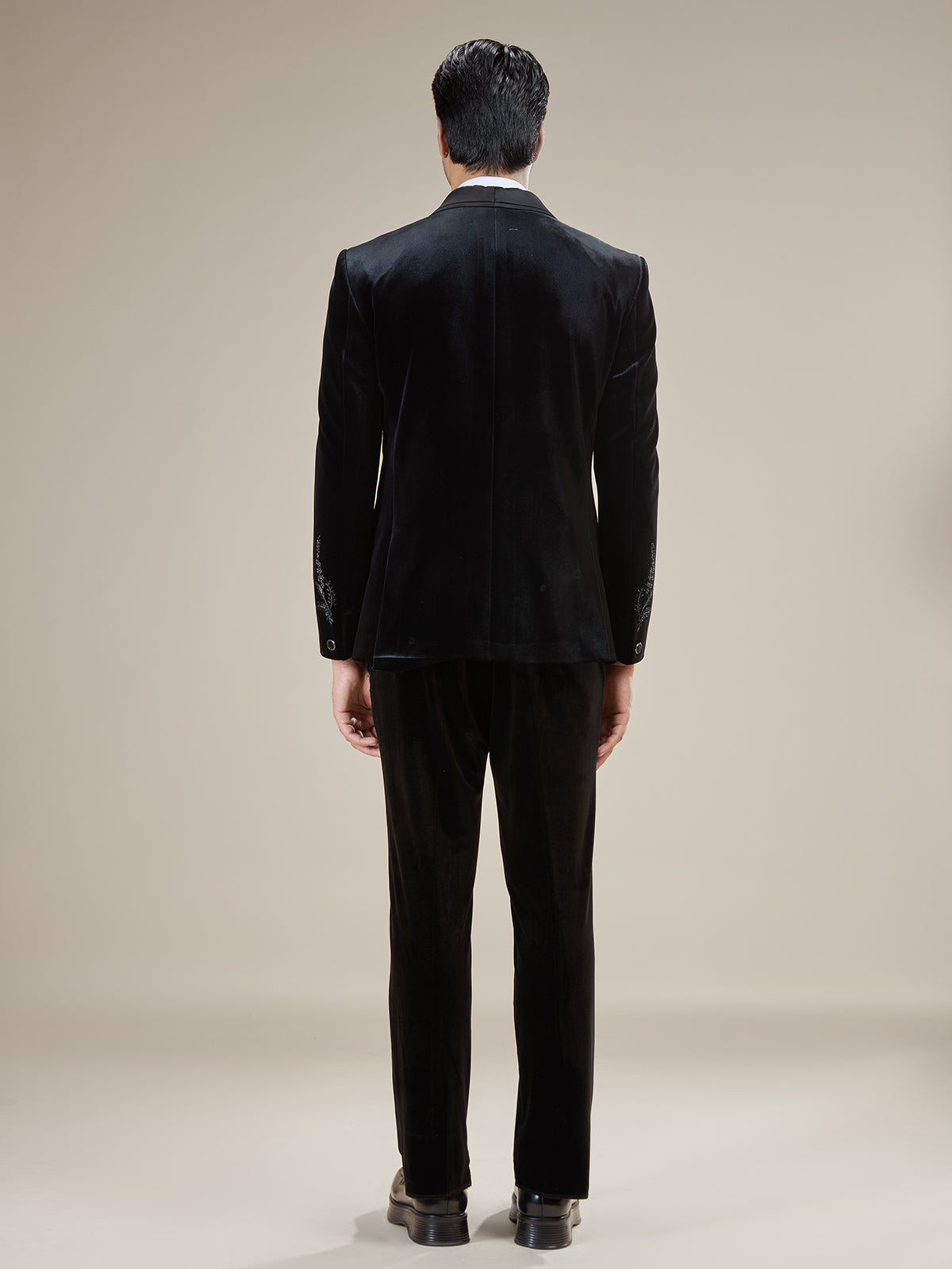 Black velvet embellished coat suit with bow tie