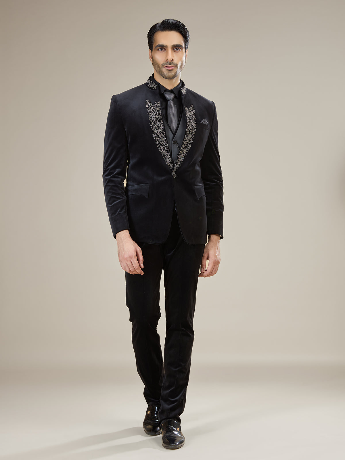 Black velvet classic coat suit with watch chain