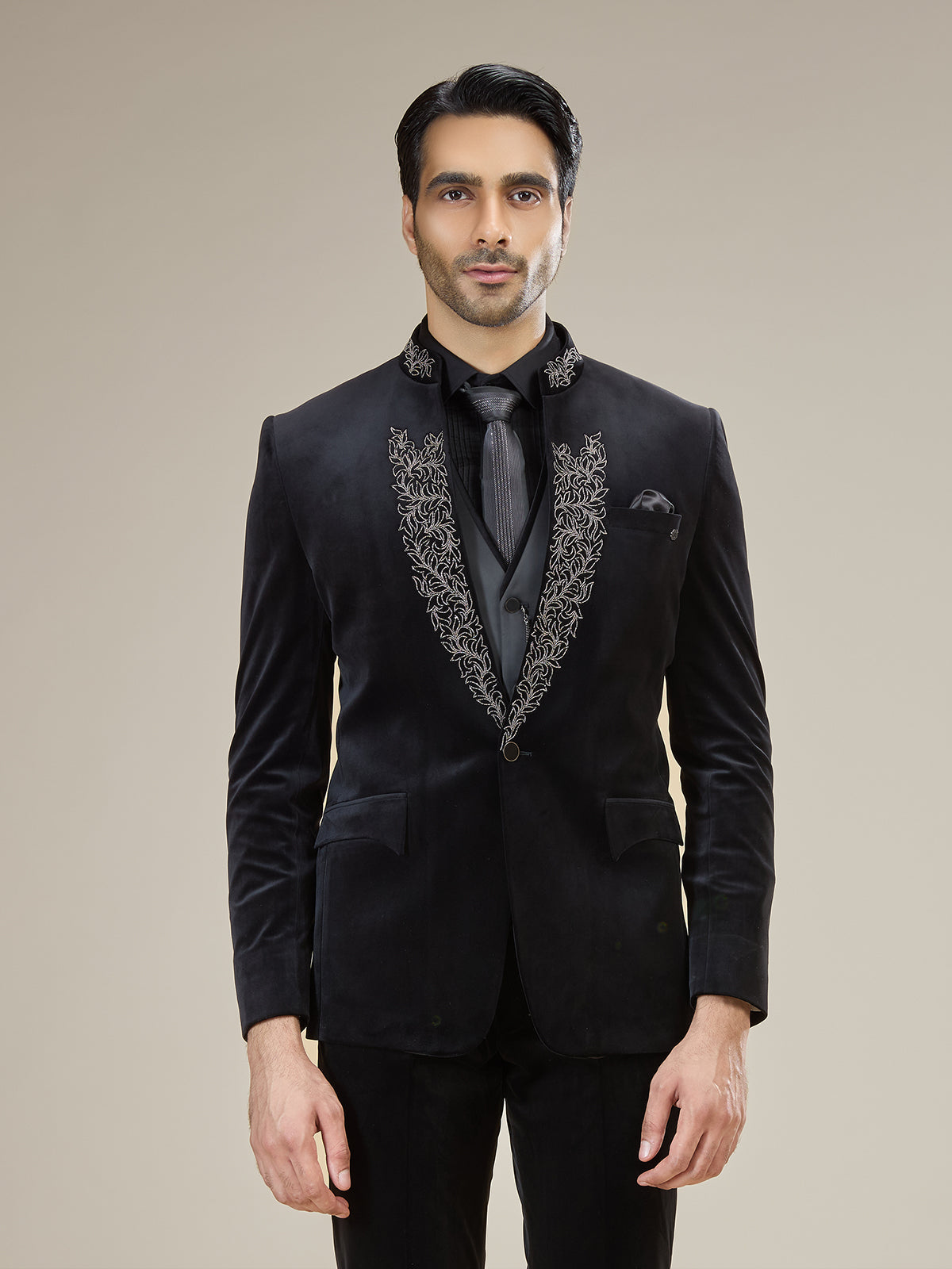 Black velvet classic coat suit with watch chain
