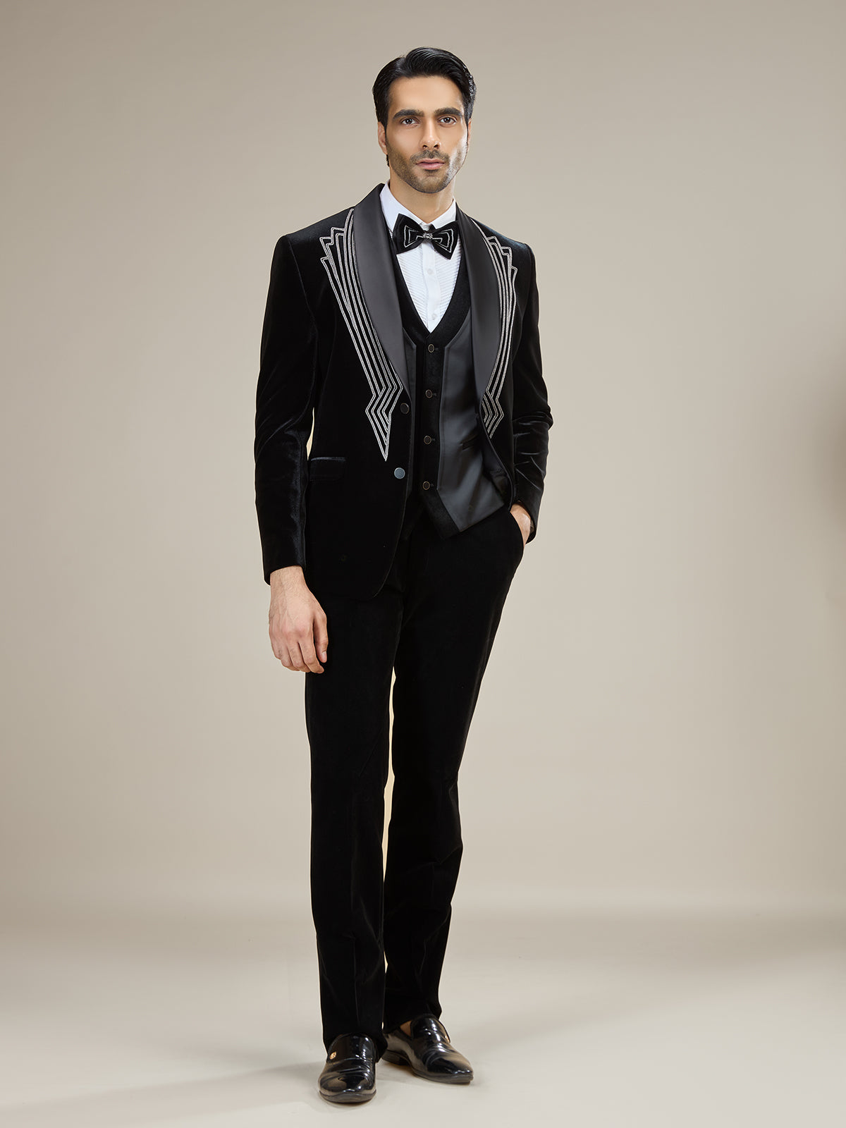 Black geometric embroidered velvet coat suit with bow tie
