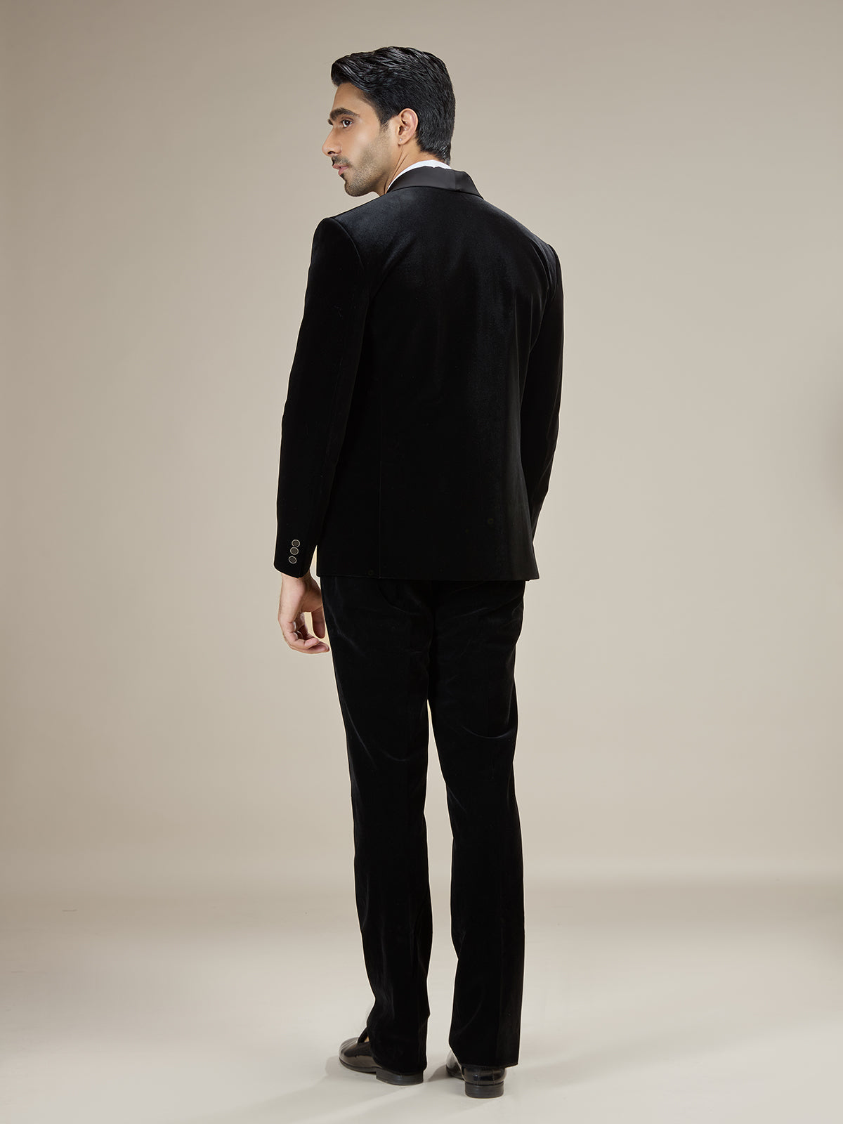 Black geometric embroidered velvet coat suit with bow tie