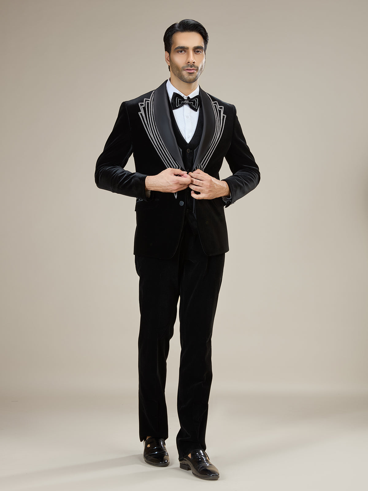 Black geometric embroidered velvet coat suit with bow tie