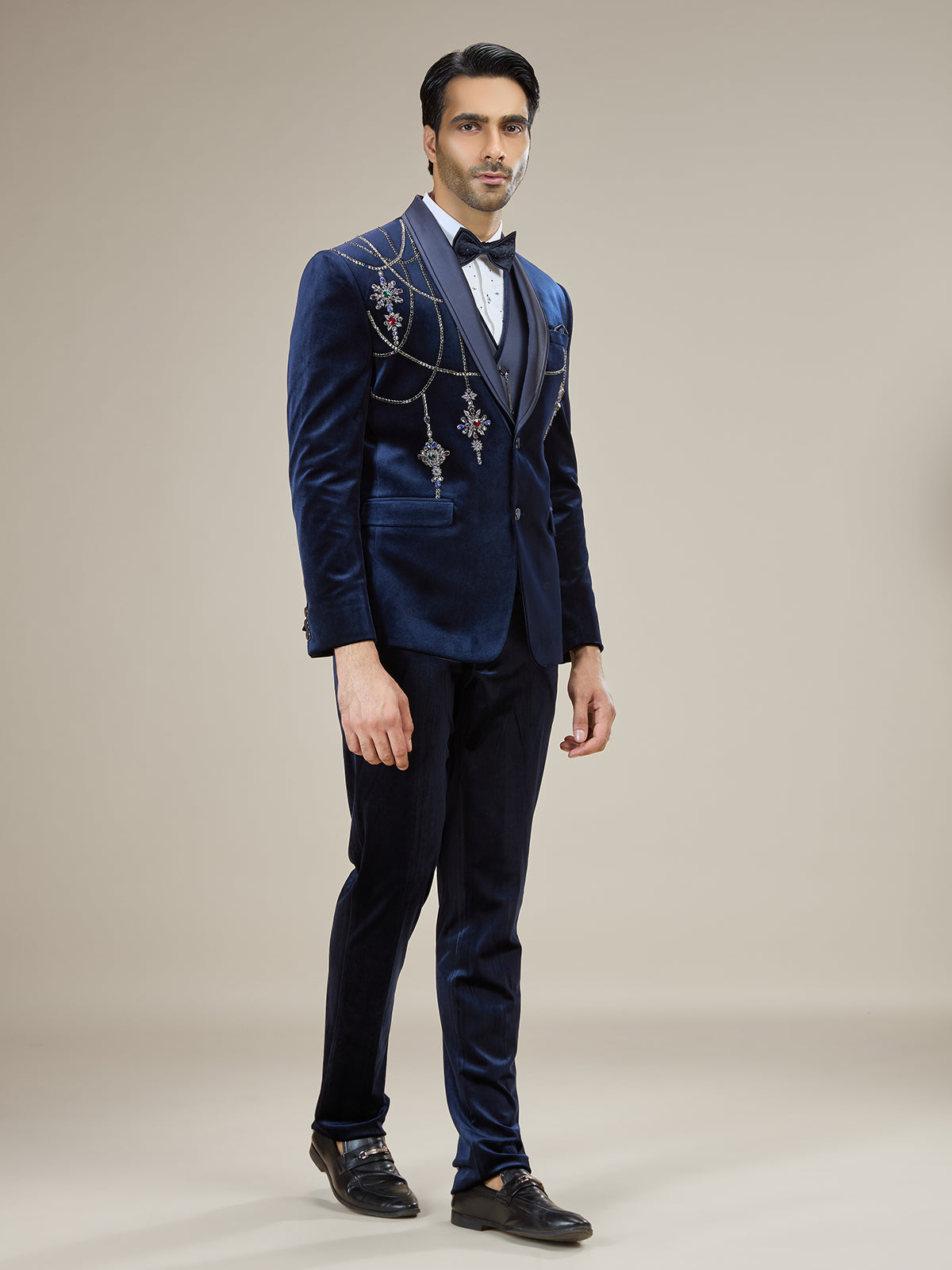 Navy blue royal stone embellished coat suit