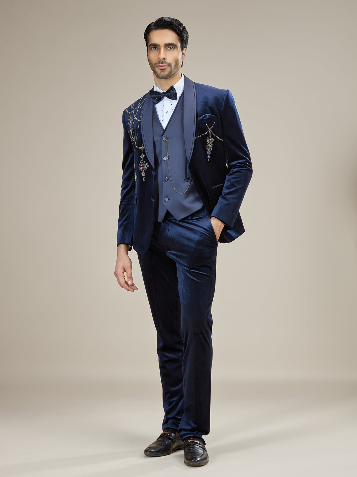 Navy blue royal stone embellished coat suit