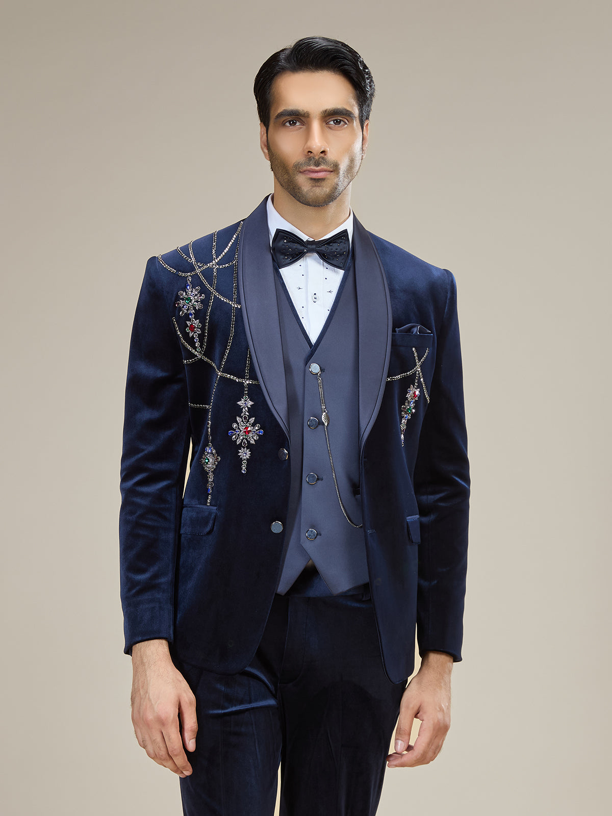 Navy blue royal stone embellished coat suit