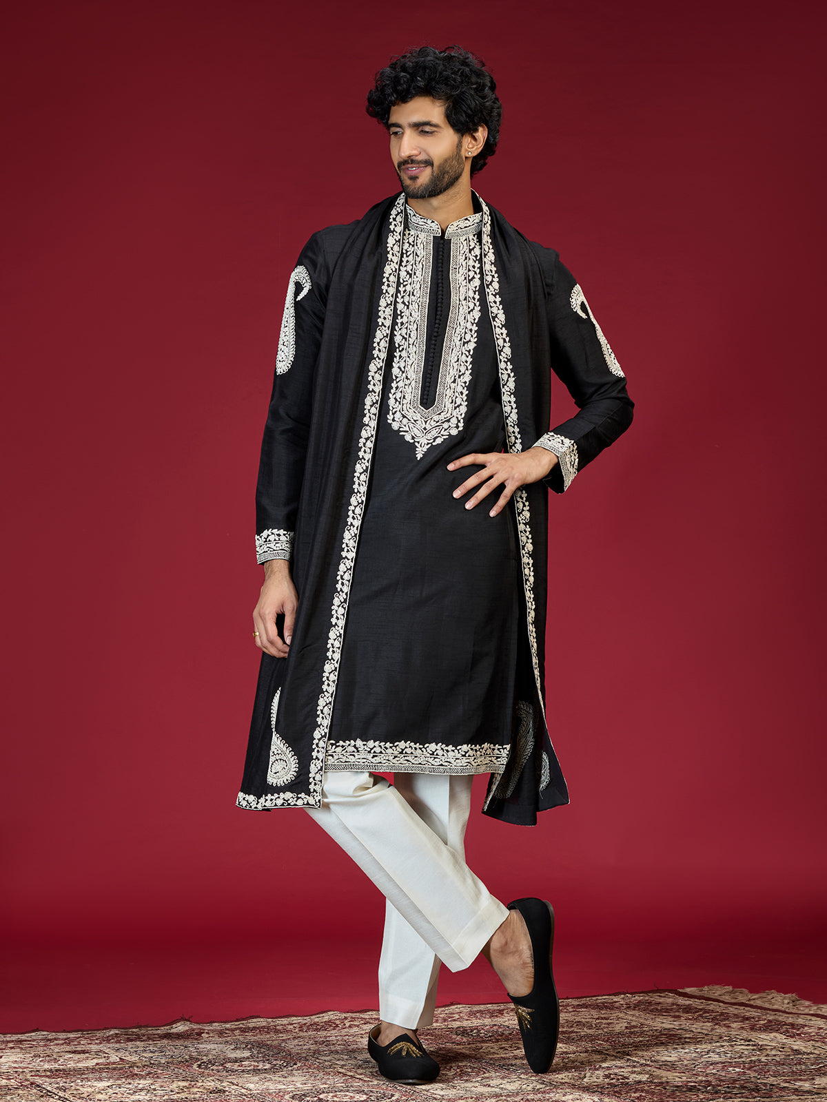 Black embroidered mandarin collar mens kurta suit