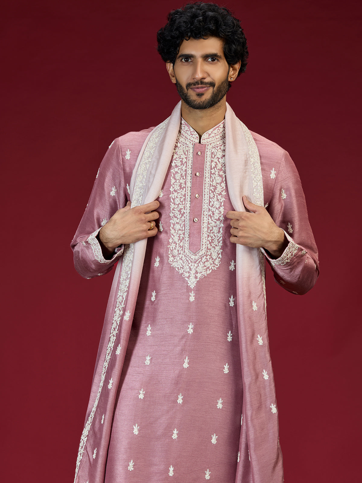 Onion pink floral embroidered mens kurta suit