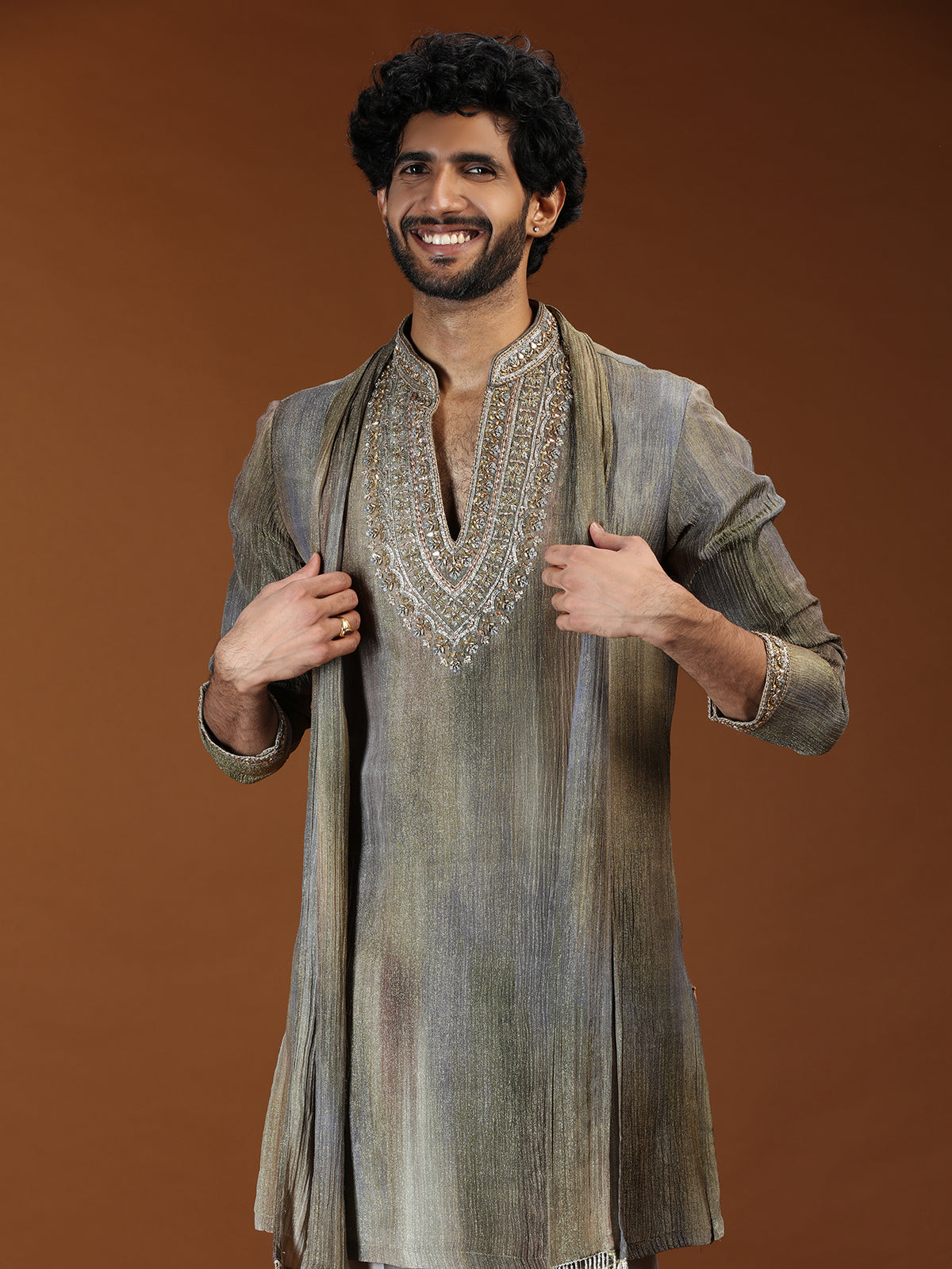 Mint green embellished tissue mens kurta suit