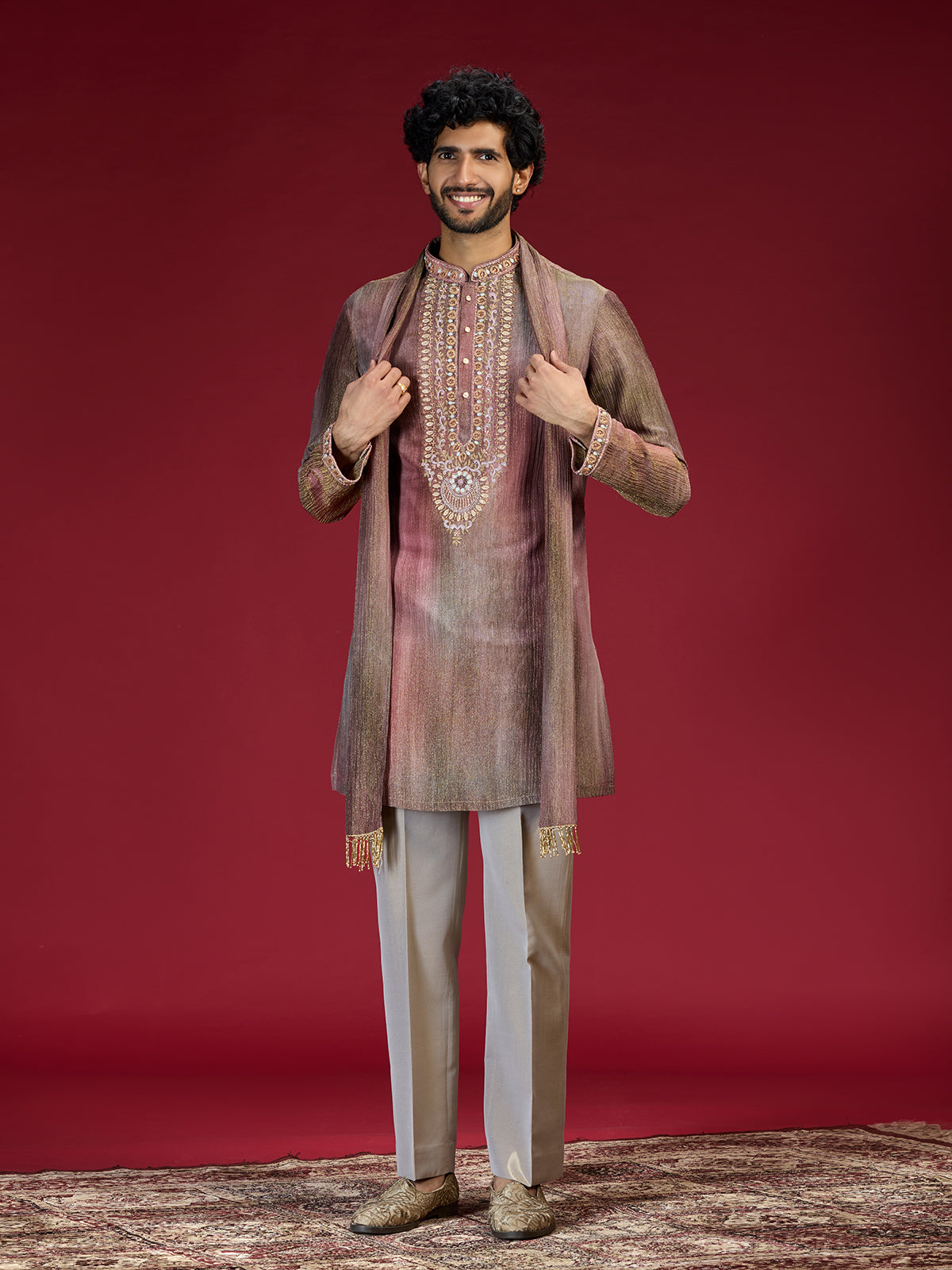 Maroon embellished mandarin collar mens kurta suit