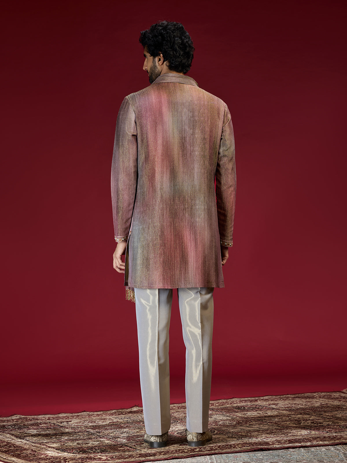 Maroon embellished mandarin collar mens kurta suit