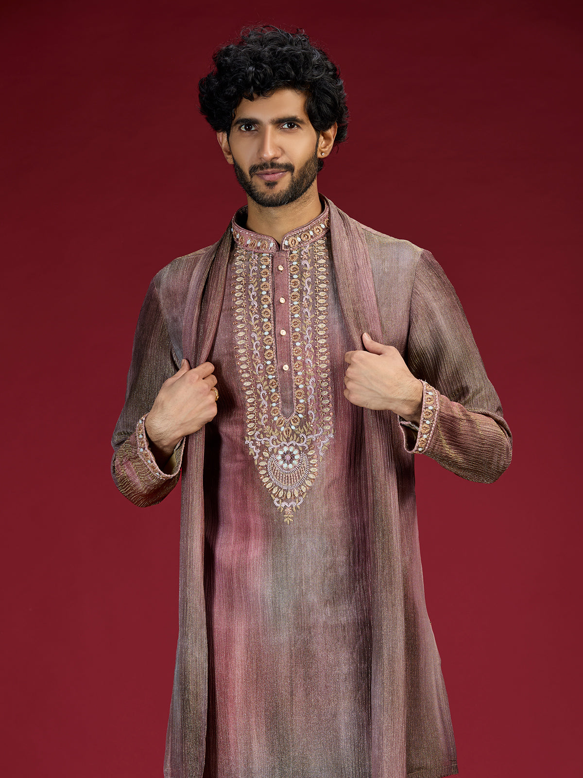 Maroon embellished mandarin collar mens kurta suit