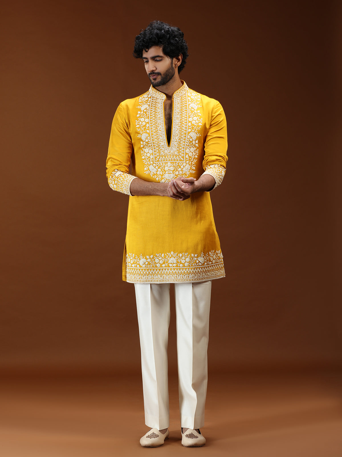 Yellow floral embellished mens kurta suit with dupatta