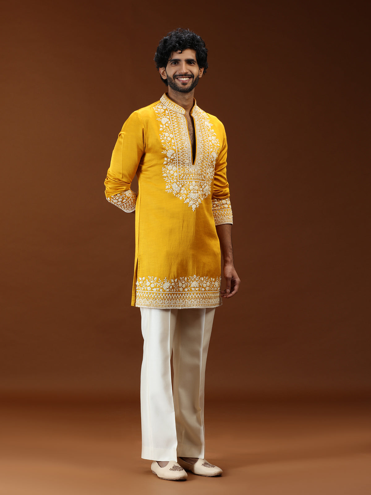 Yellow floral embellished mens kurta suit with dupatta