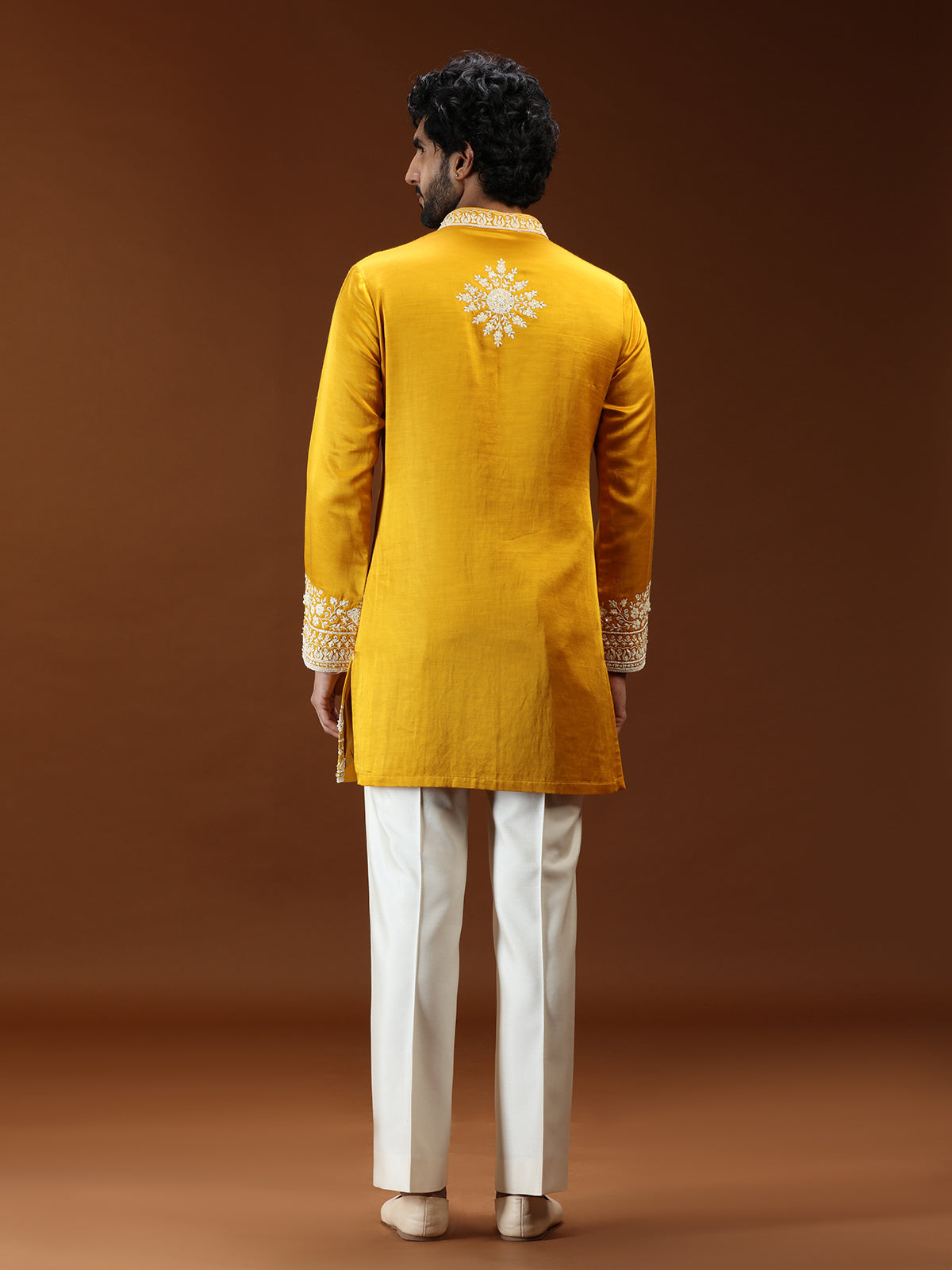Yellow floral embellished mens kurta suit with dupatta