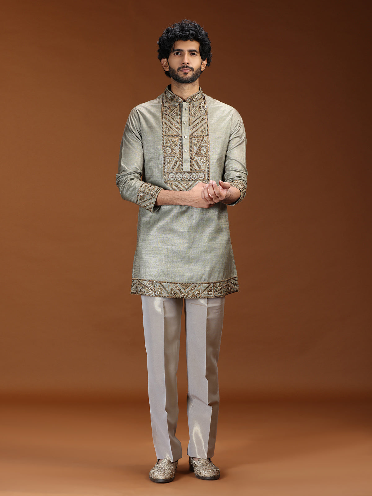 Sage silver geometric embroidered mens kurta suit