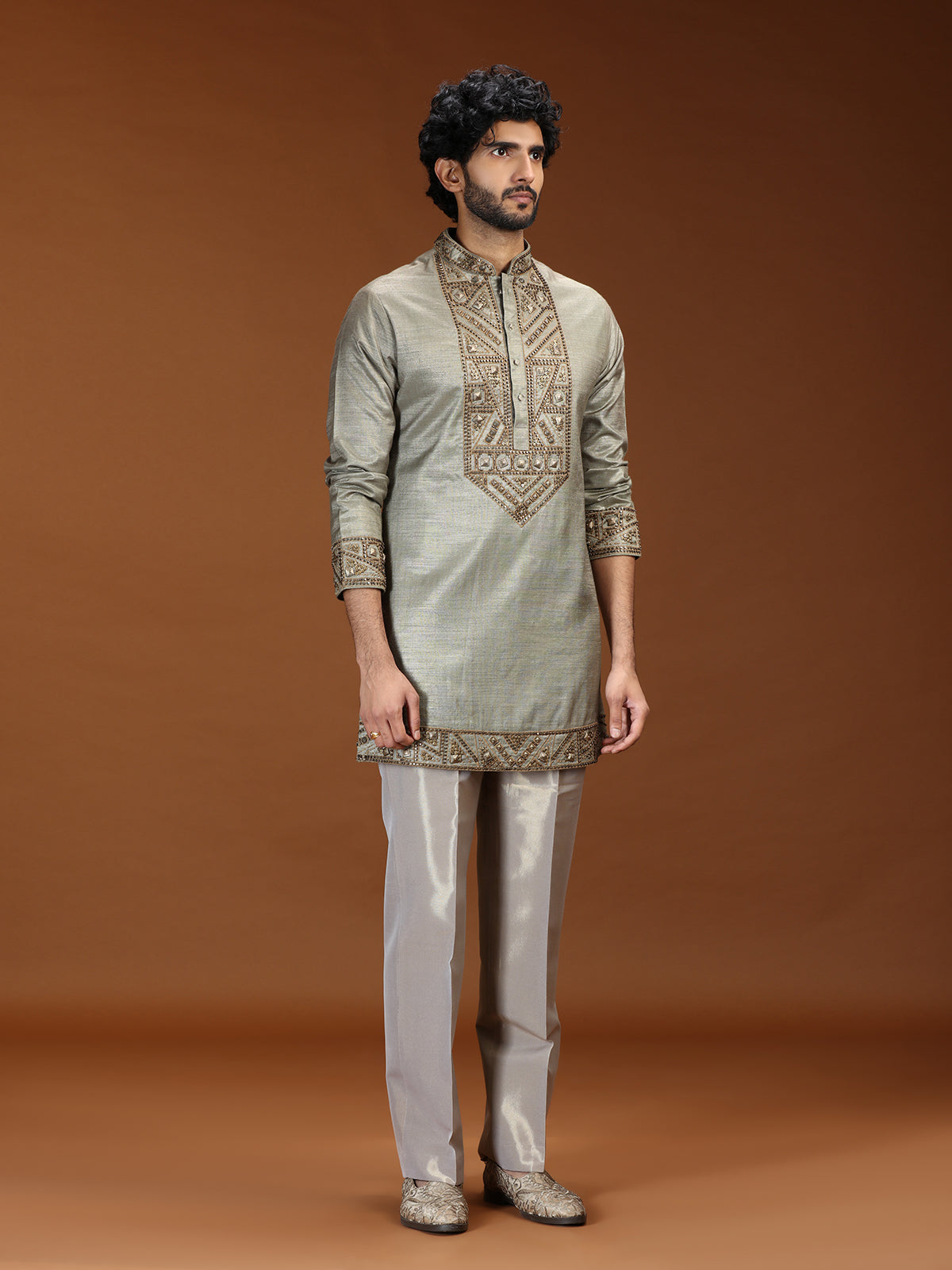 Sage silver geometric embroidered mens kurta suit
