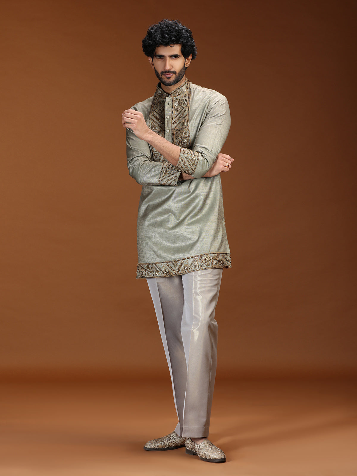 Sage silver geometric embroidered mens kurta suit