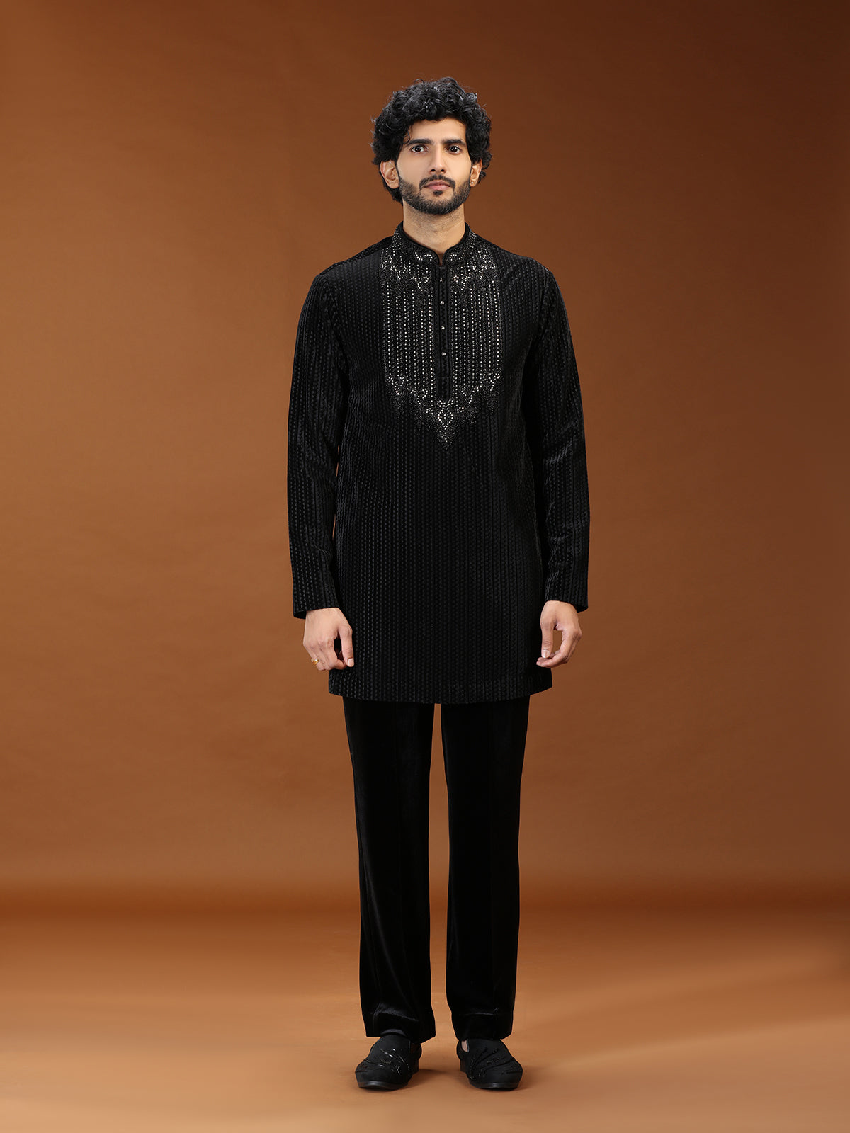 Black crystal embellished mens kurta suit with dupatta