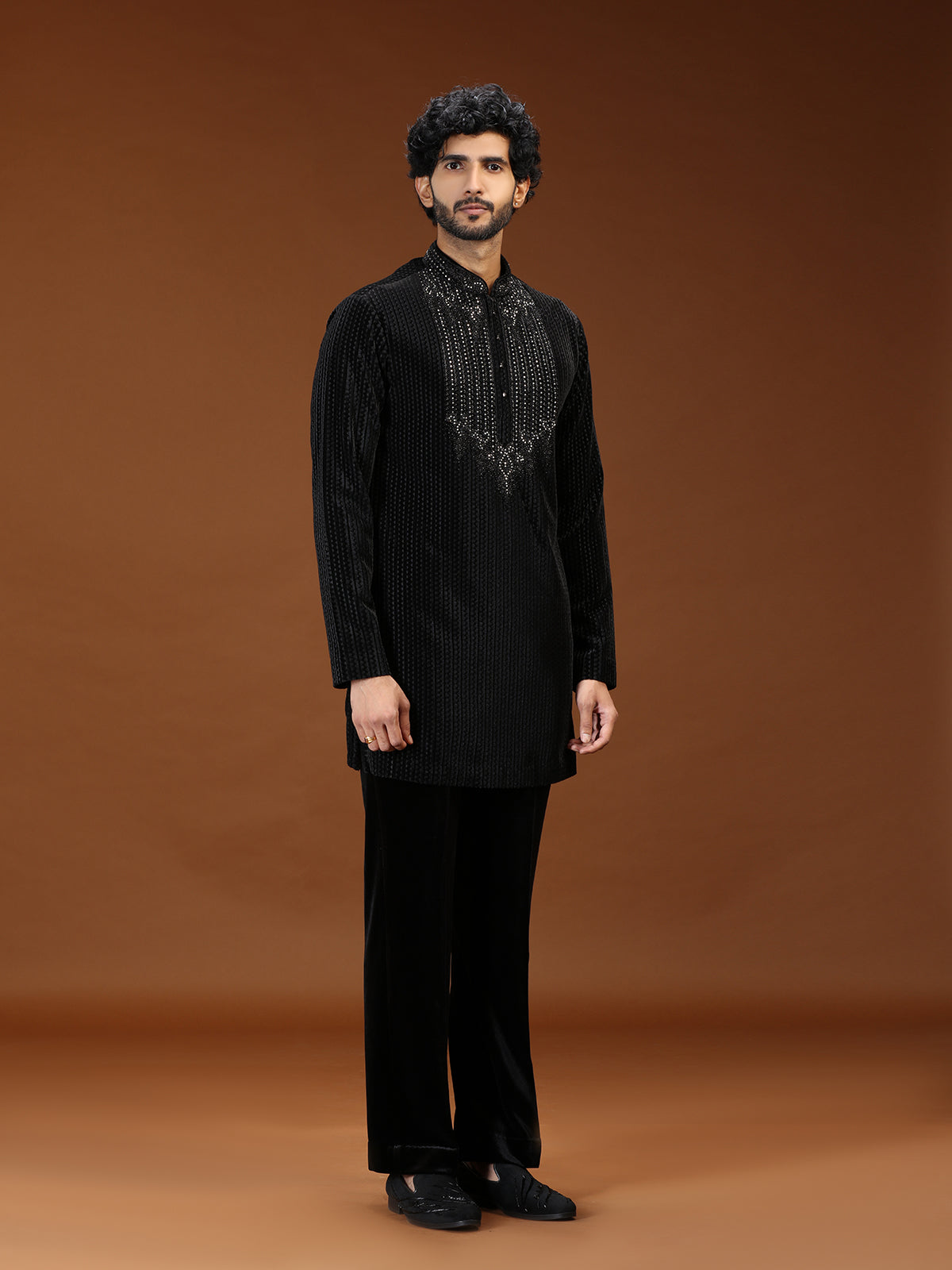 Black crystal embellished mens kurta suit with dupatta