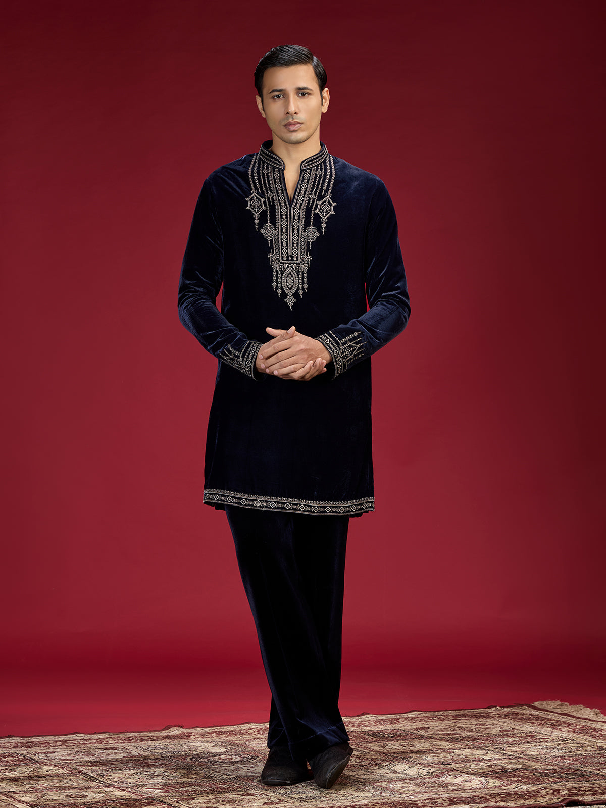 Blue persian embellished mandarin collar mens kurta suit
