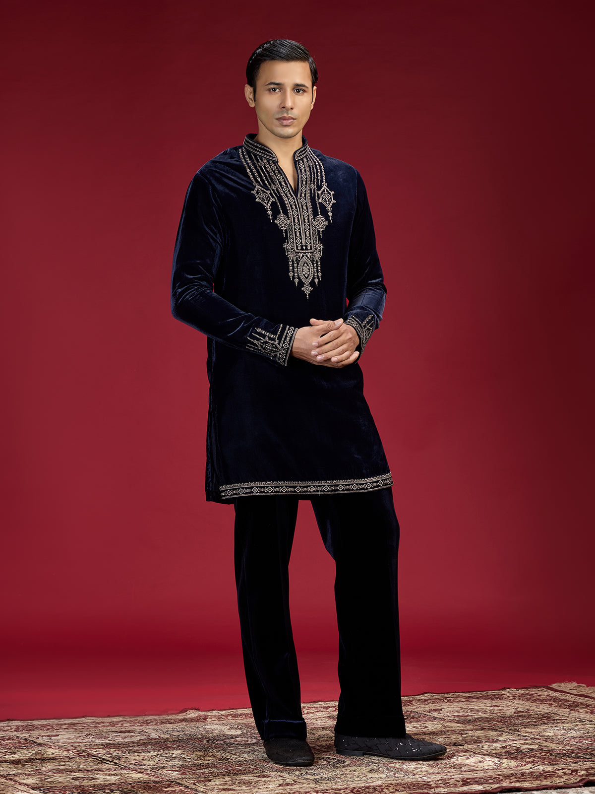 Blue persian embellished mandarin collar mens kurta suit