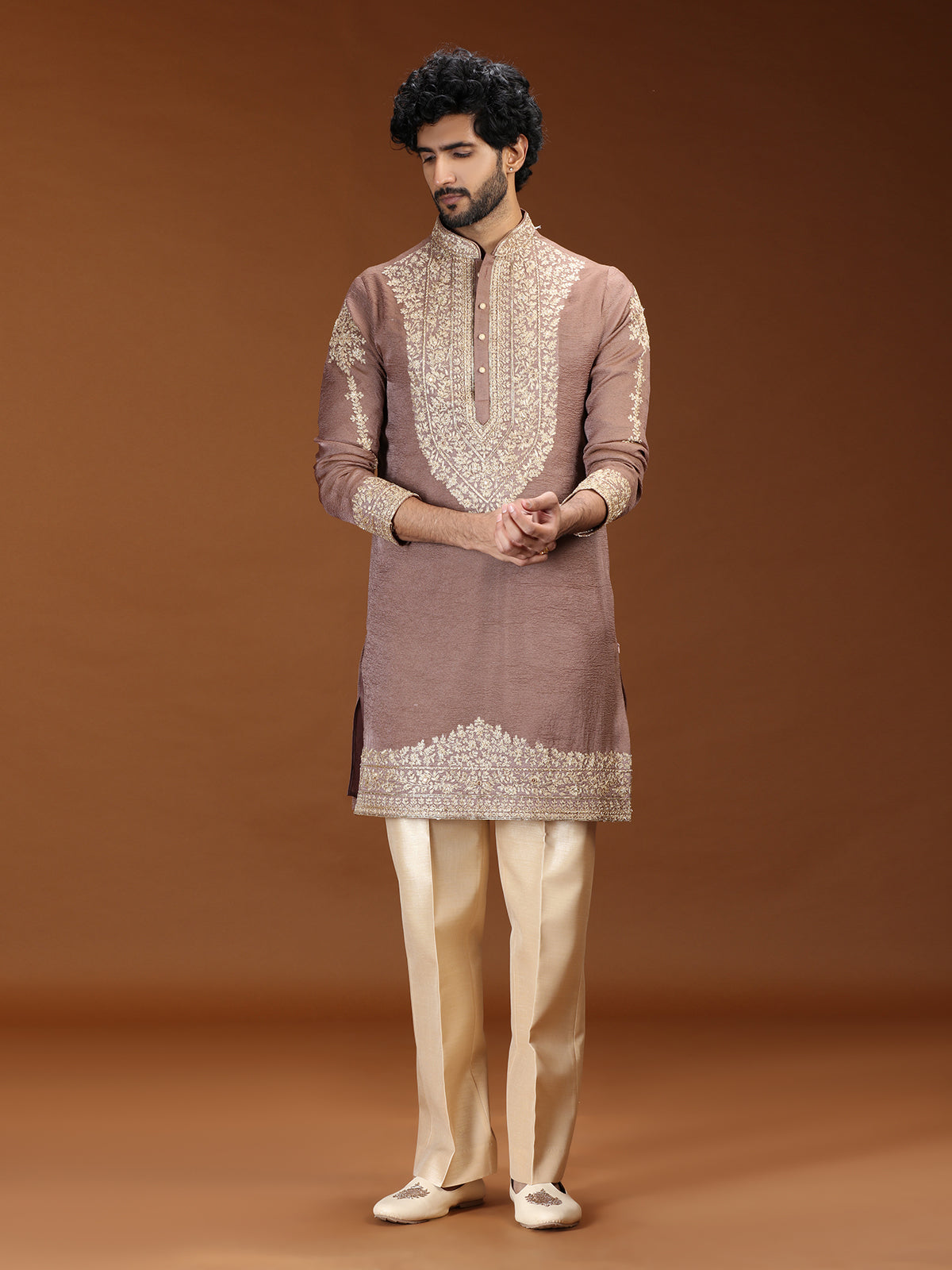 Onion pink floral embellished mens kurta suit