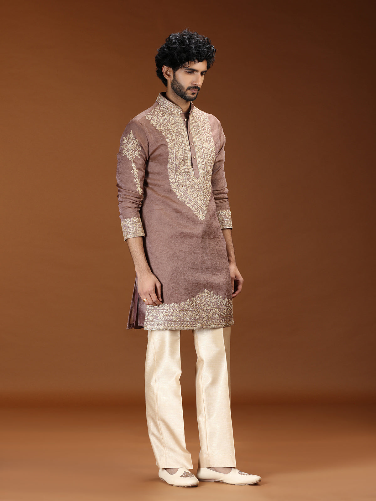Onion pink floral embellished mens kurta suit