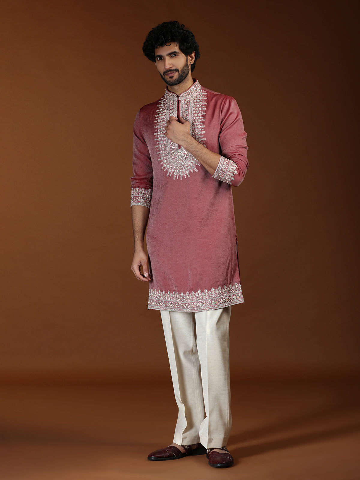 Reddish pink floral embellished mens kurta suit