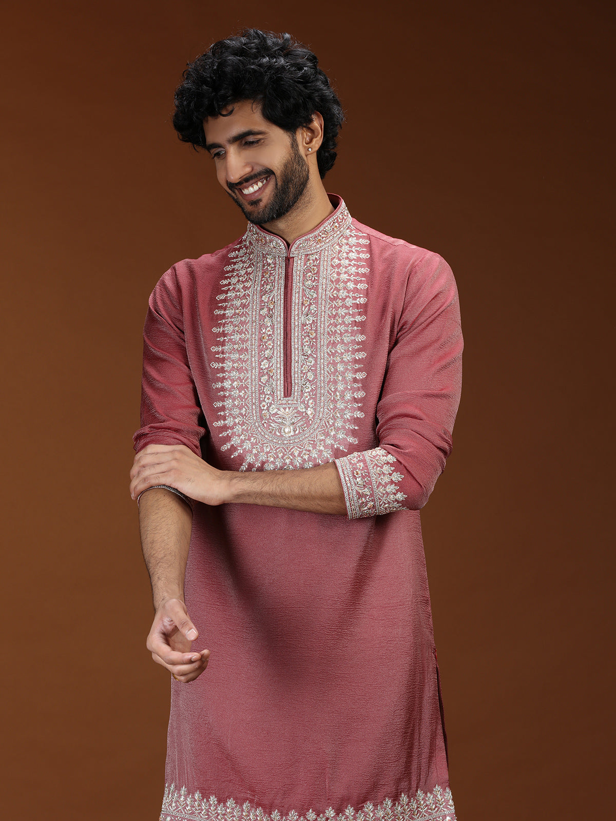 Reddish pink floral embellished mens kurta suit