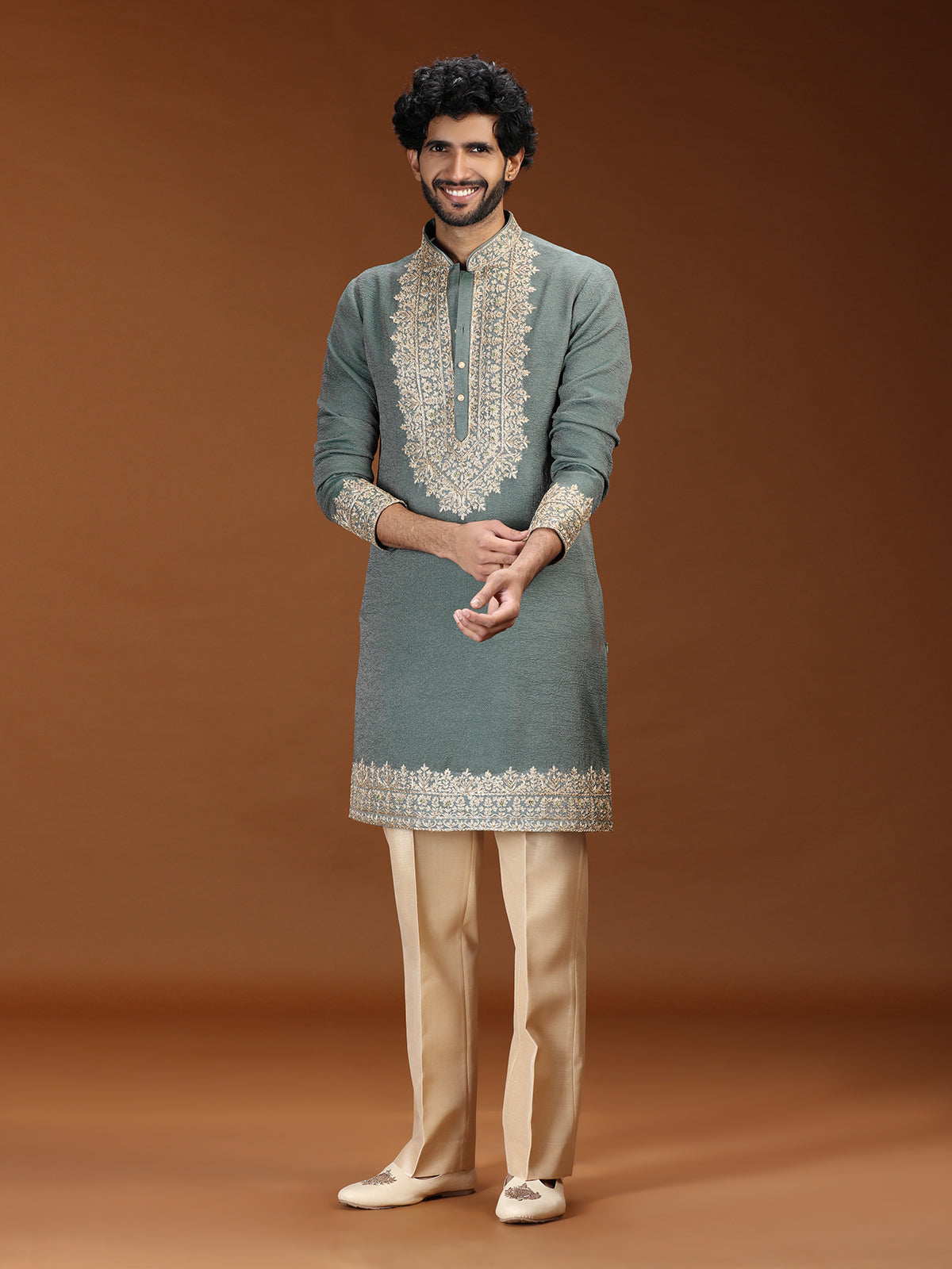 Green mughal embroidered mens kurta suit with dupatta