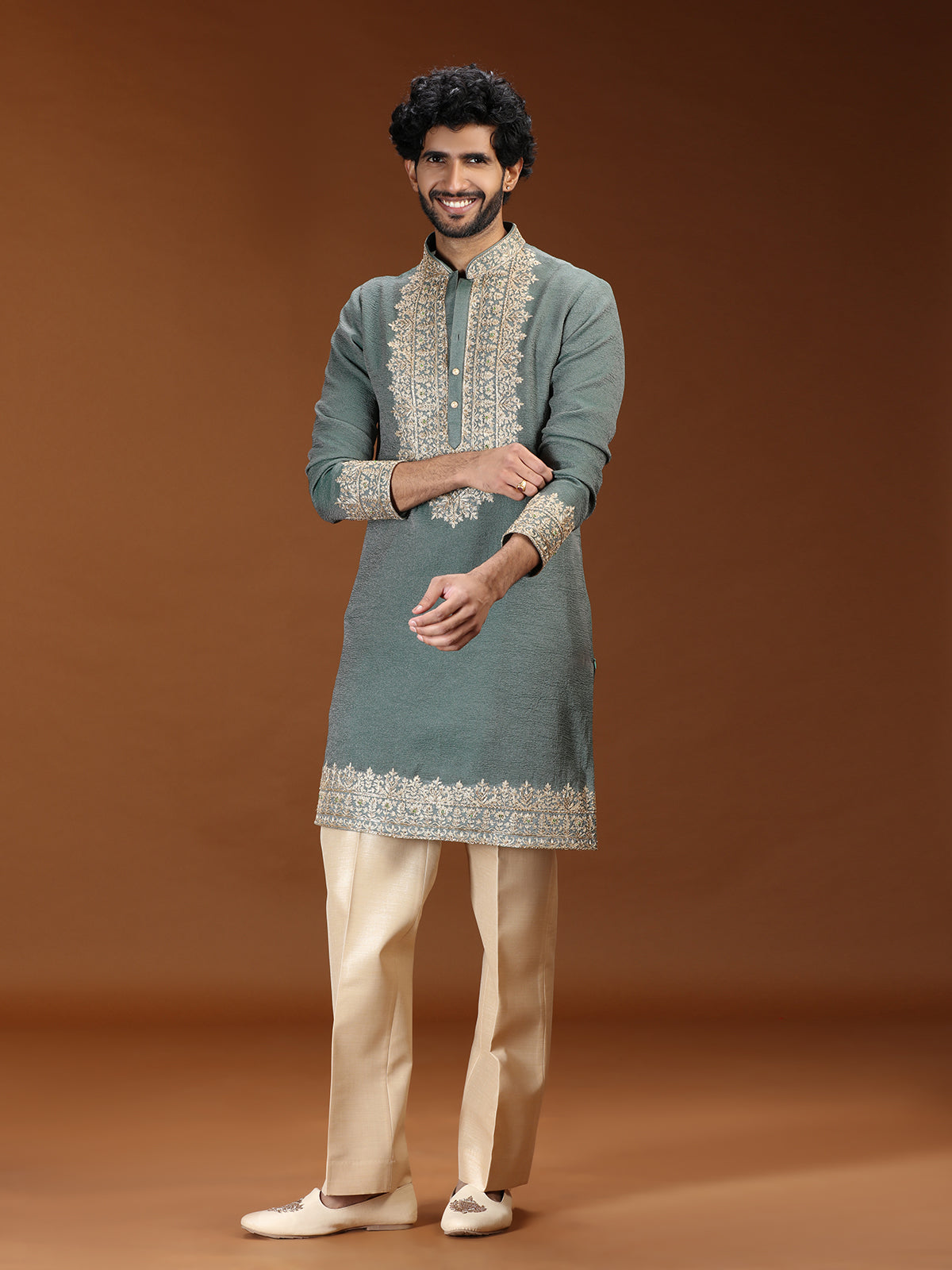Green mughal embroidered mens kurta suit with dupatta