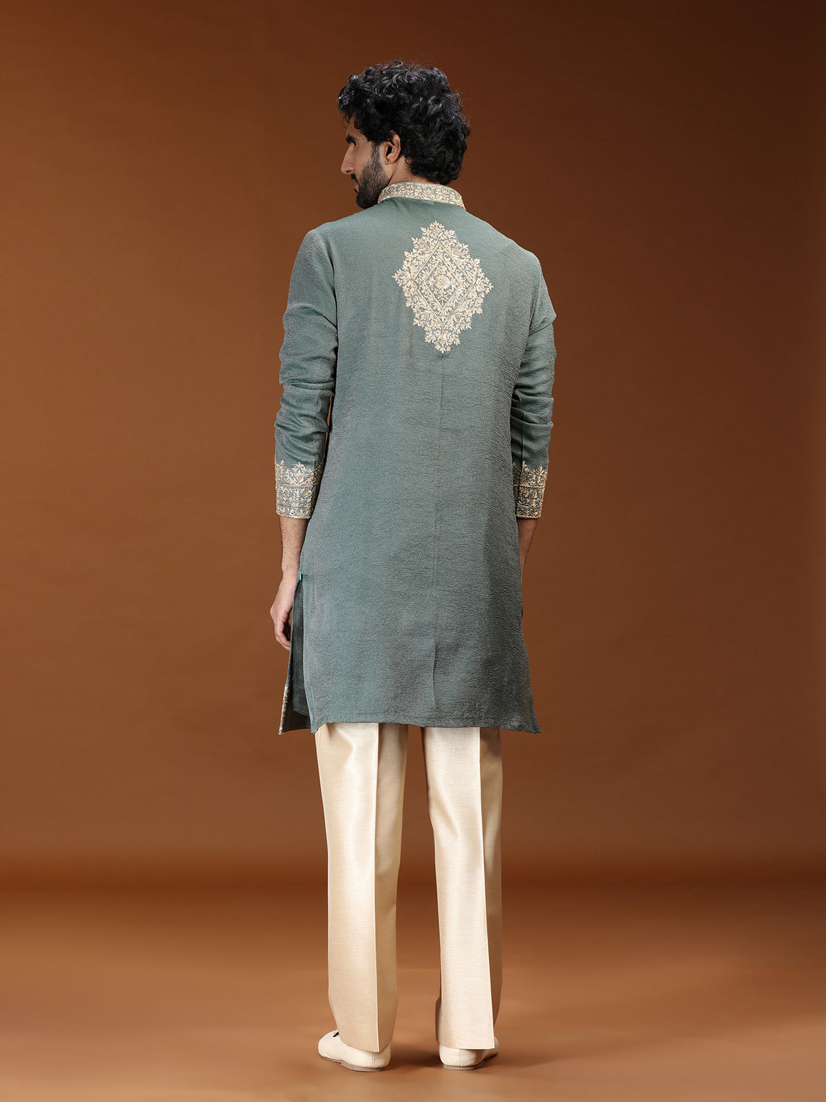 Green mughal embroidered mens kurta suit with dupatta