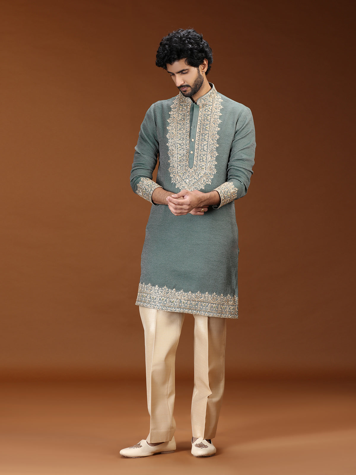Green mughal embroidered mens kurta suit with dupatta
