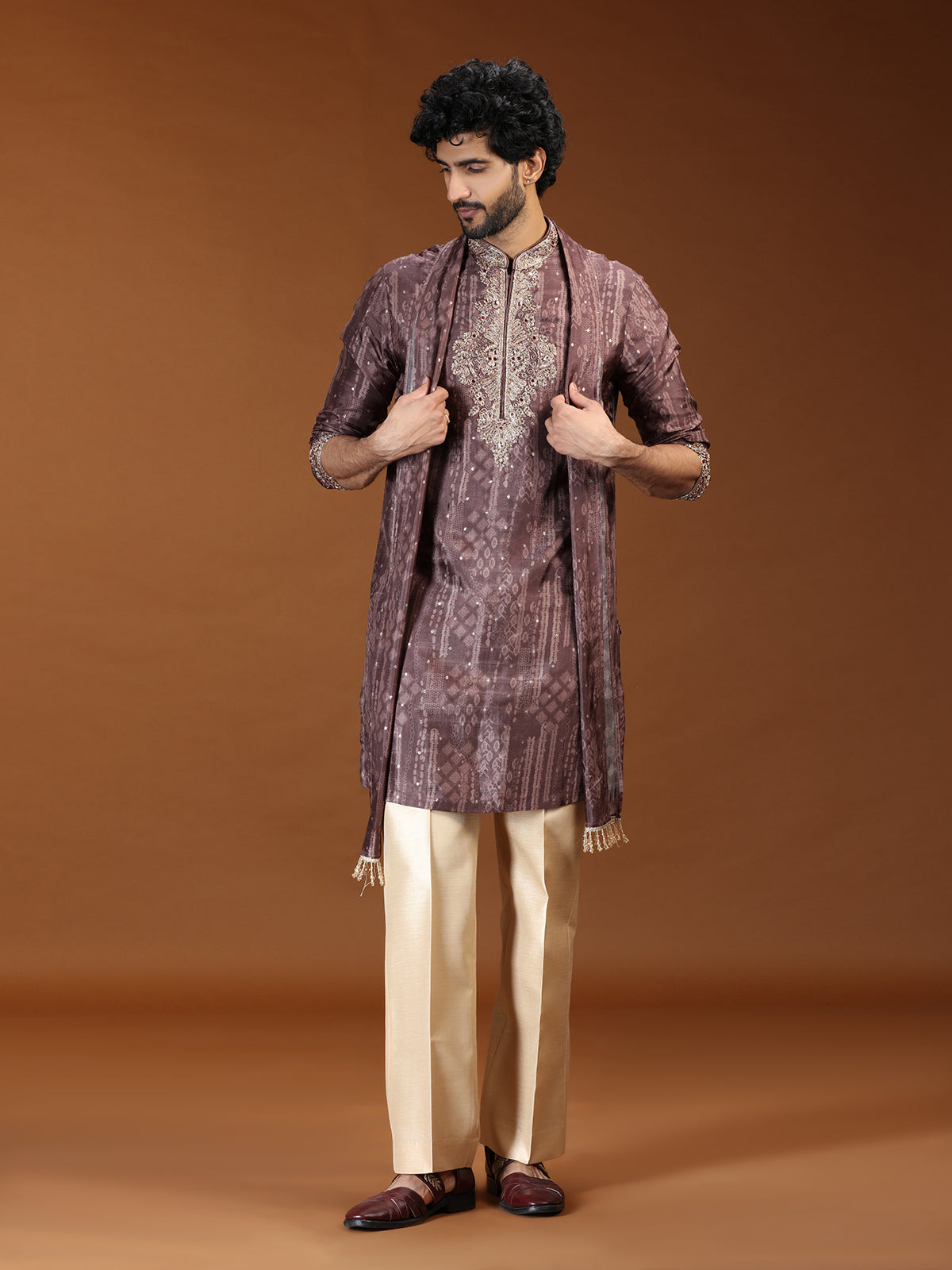 Brown printed embellished mens kurta suit with dupatta