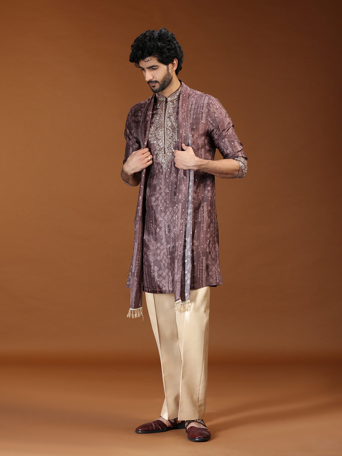 Brown printed embellished mens kurta suit with dupatta