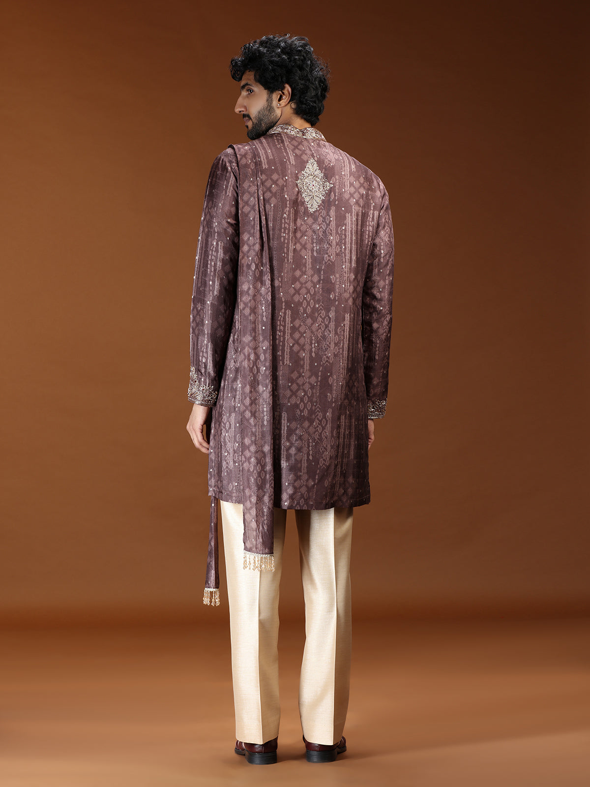 Brown printed embellished mens kurta suit with dupatta