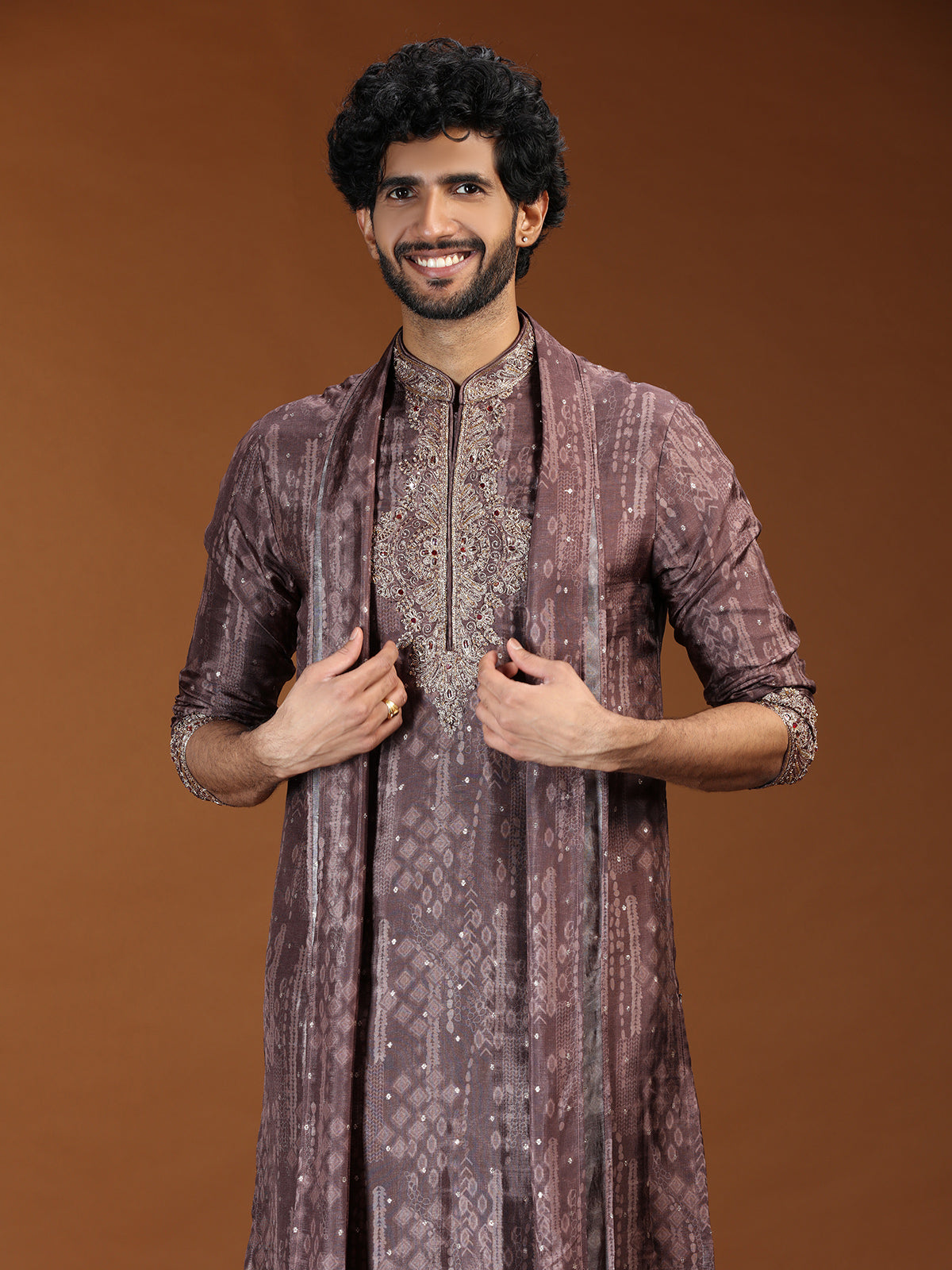 Brown printed embellished mens kurta suit with dupatta