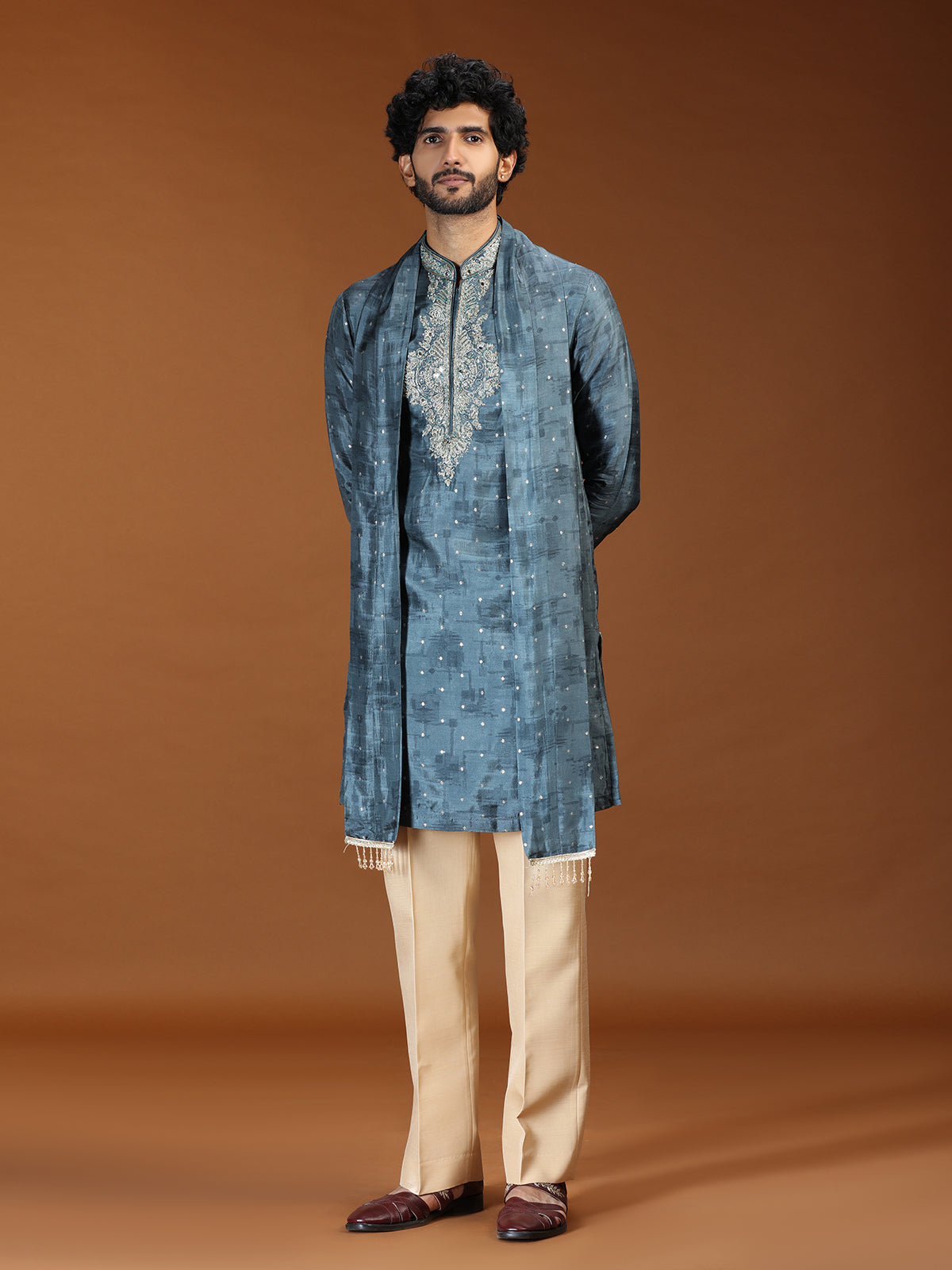 Teal blue embroidered mens kurta suit with dupatta
