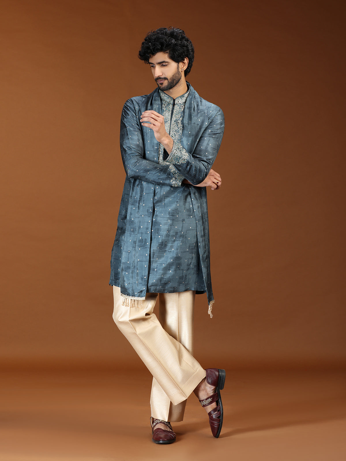Teal blue embroidered mens kurta suit with dupatta