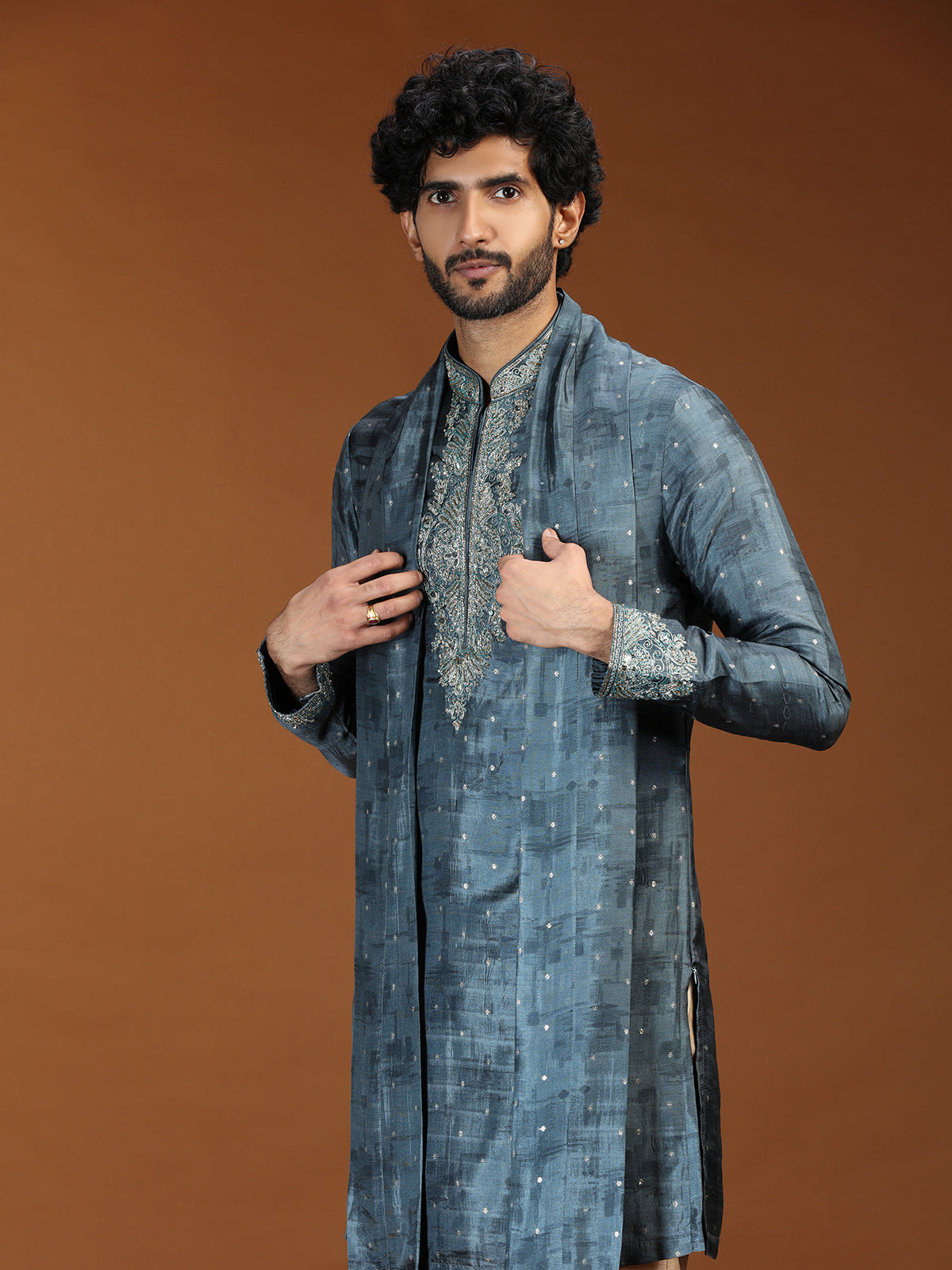 Teal blue embroidered mens kurta suit with dupatta