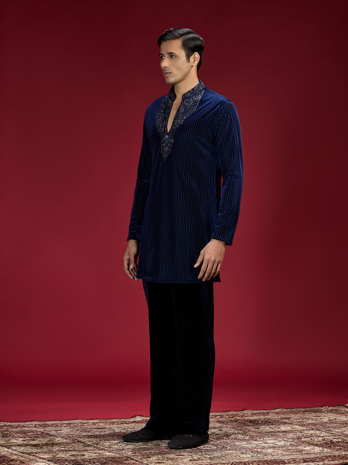 Blue geometric embellished mens kurta suit for weddings